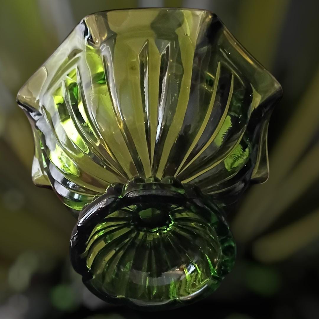Green glass pedestal compote dish bowl – ribbed design, footed centerpiece,...