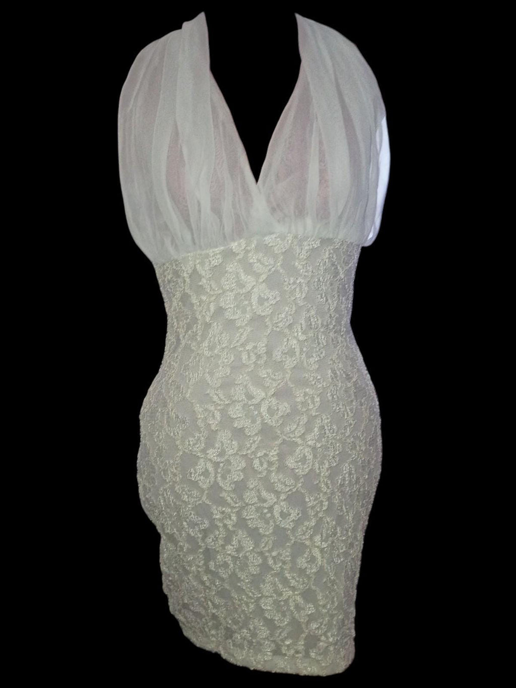 Elegant white lace halter cocktail dress sheer chiffon top back zipper fitted...