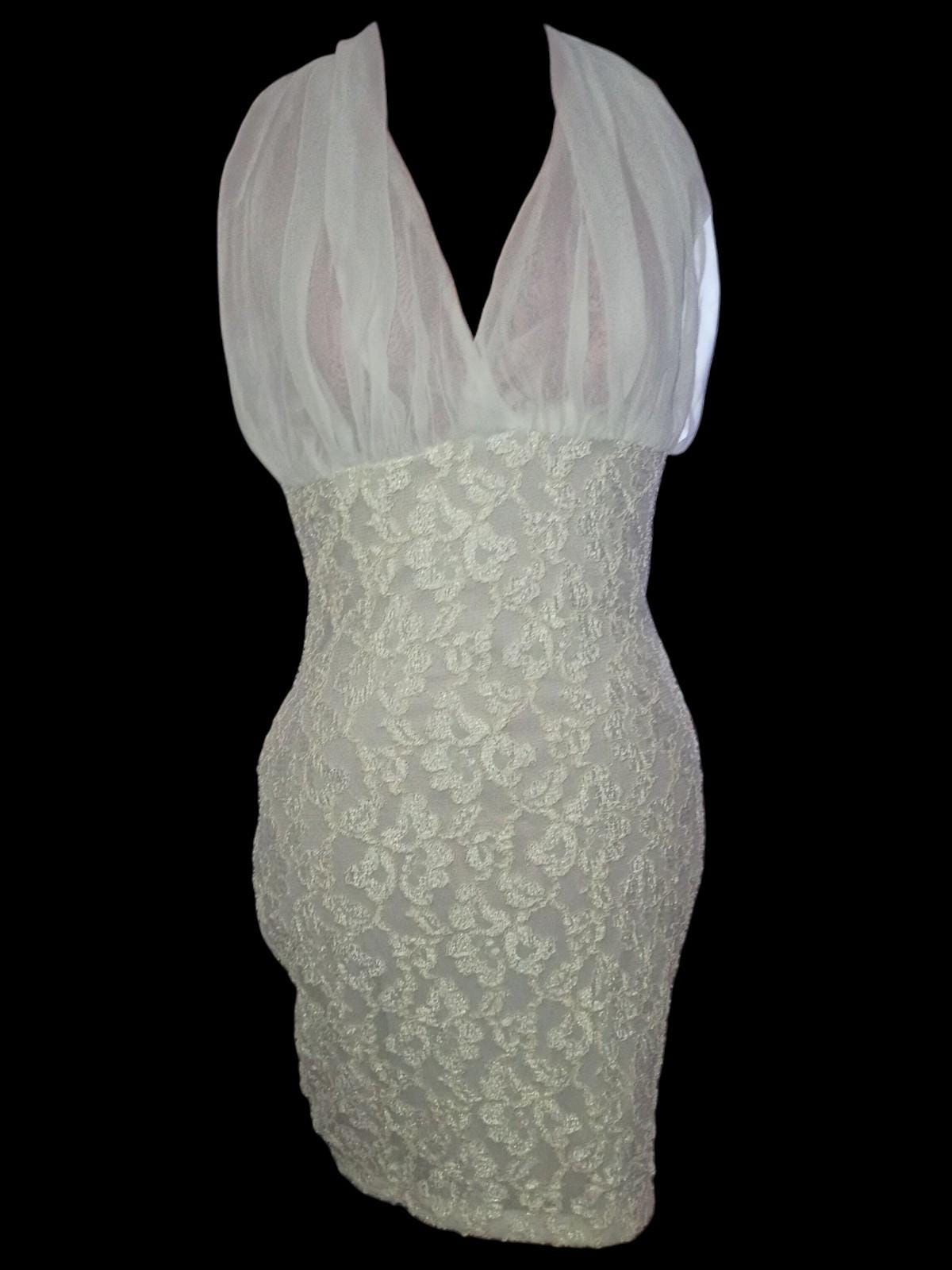 Elegant white lace halter cocktail dress sheer chiffon top back zipper fitted...