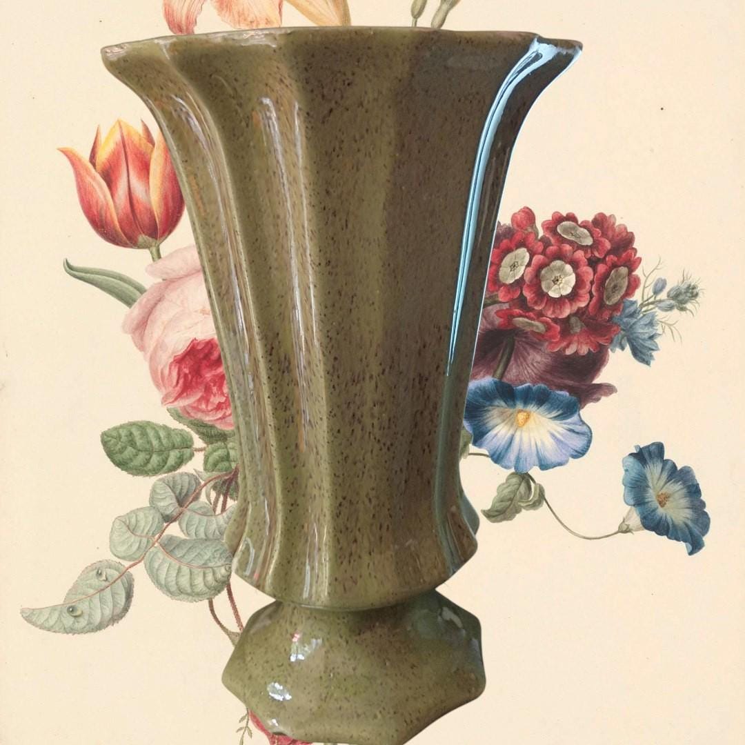 Green speckled ceramic vase 9.5" flared scalloped...mid- century
