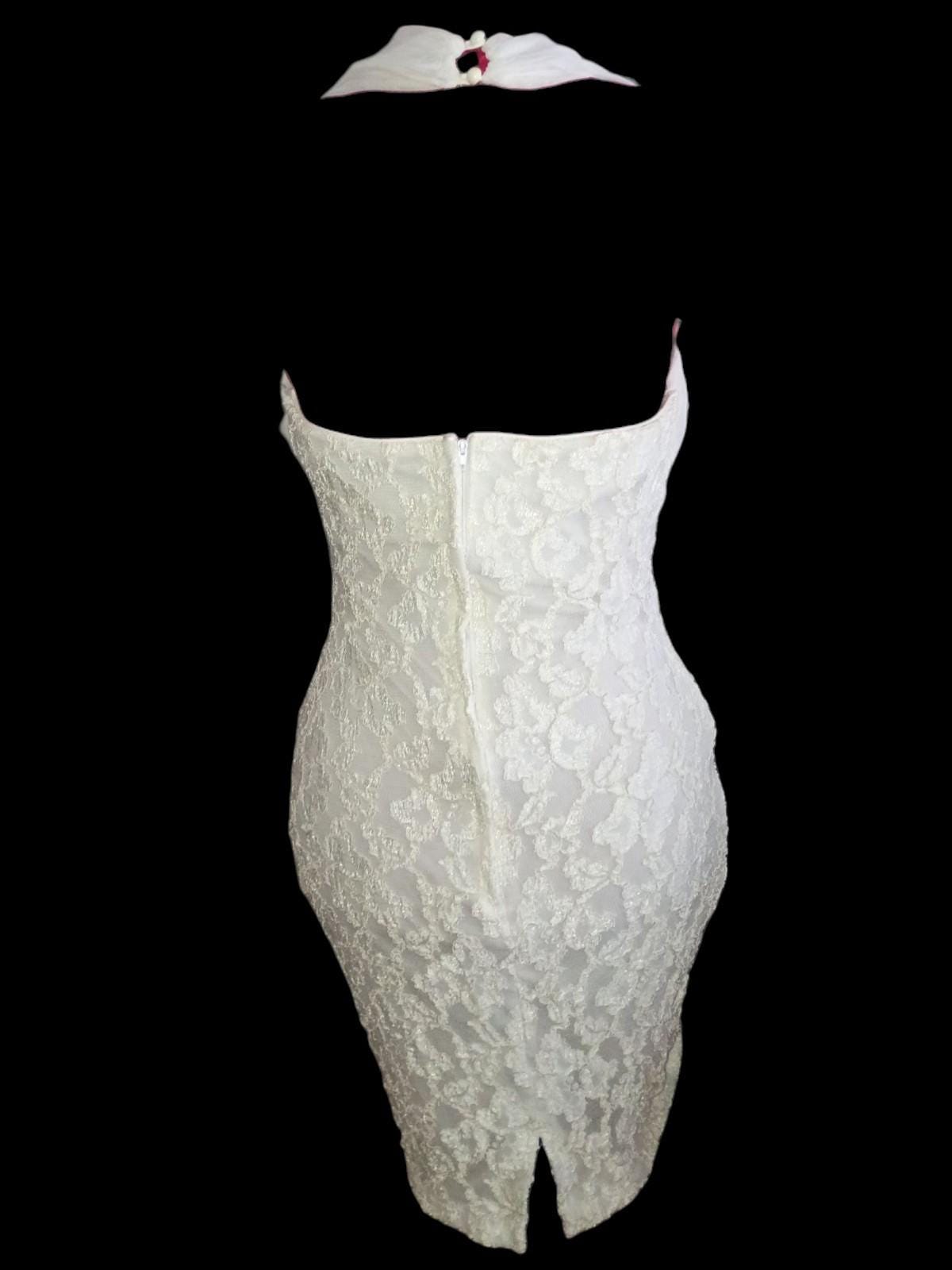 Elegant white lace halter cocktail dress sheer chiffon top back zipper fitted...