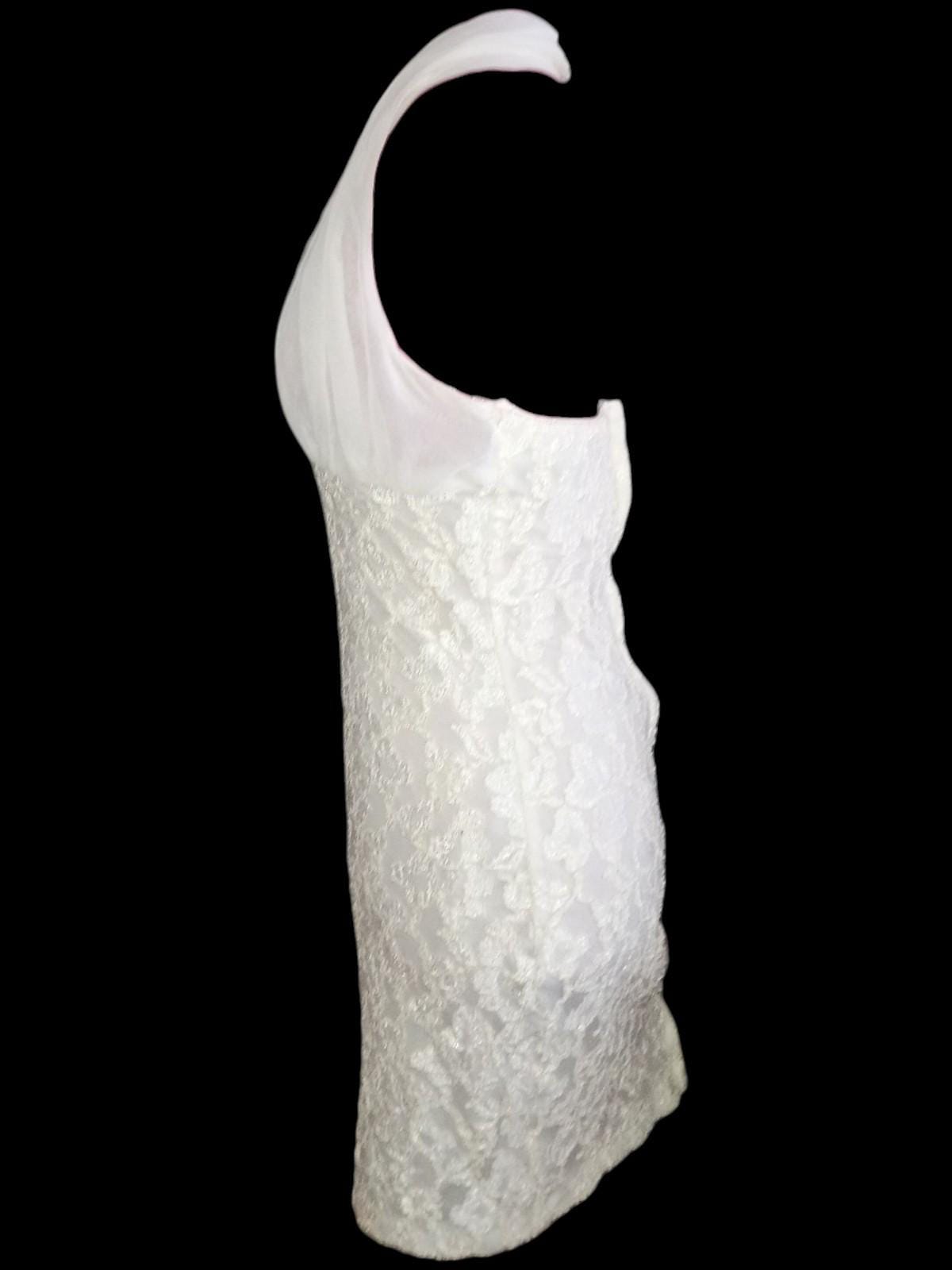 Elegant white lace halter cocktail dress sheer chiffon top back zipper fitted...