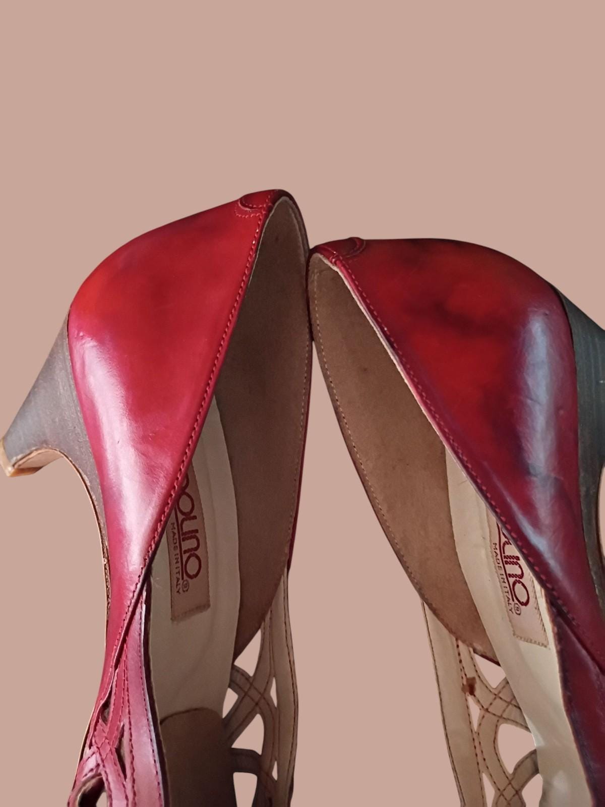 Bandolino red leather peep toe heels 7.5m made in italy cutout mid heel pumps**