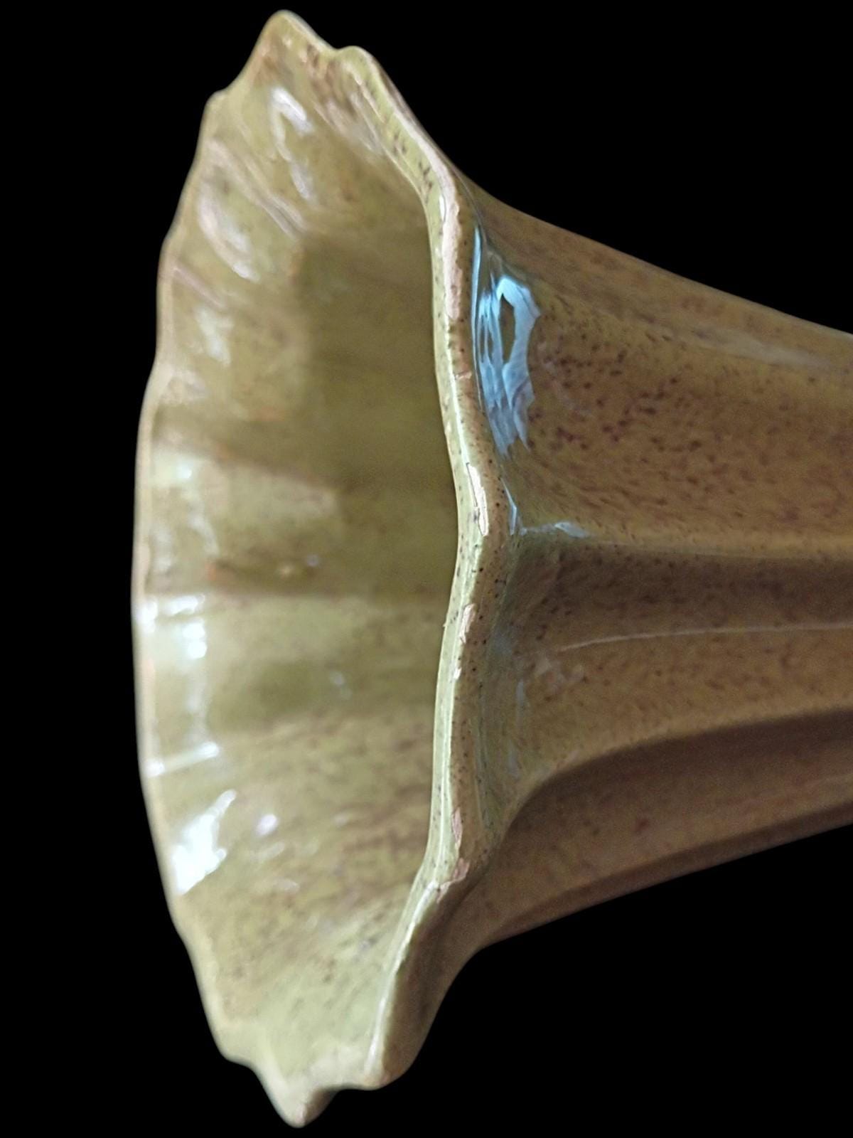 Green speckled ceramic vase 9.5" flared scalloped...mid- century
