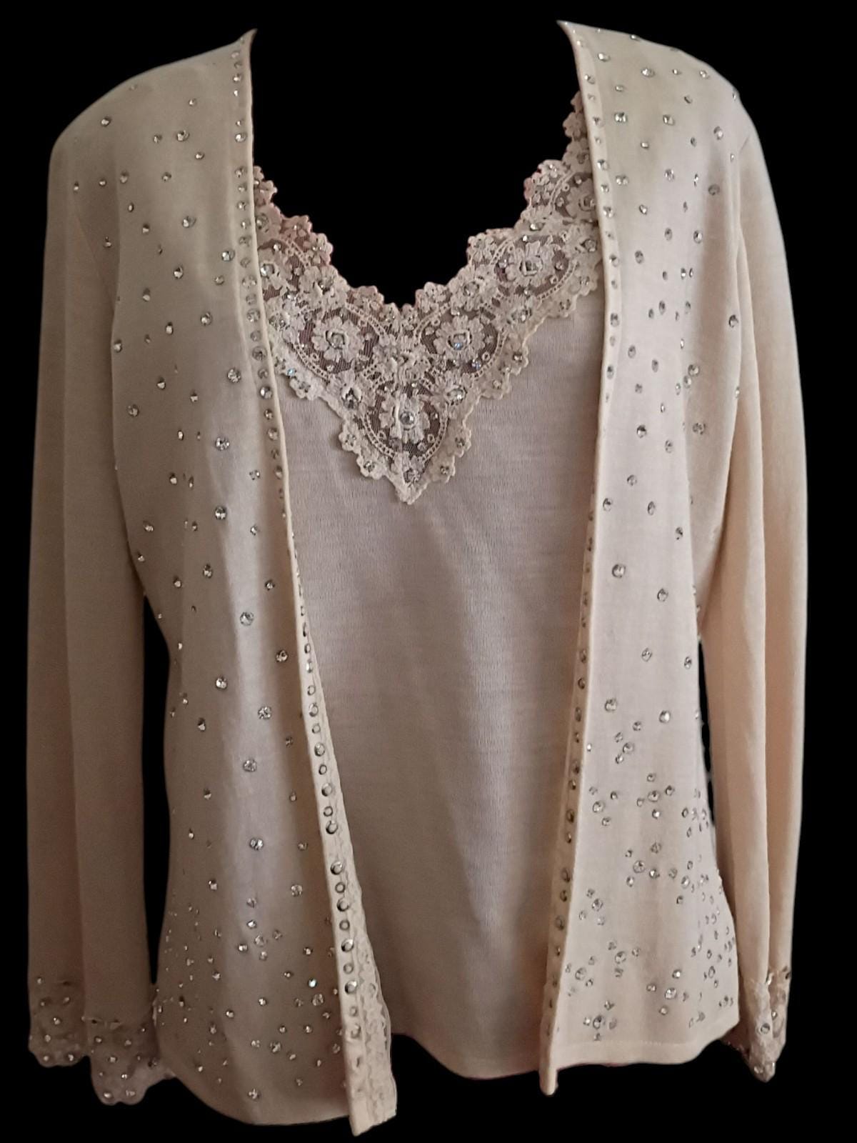 Beige two-piece set rhinestone cardigan sweater & embellished tank top size...