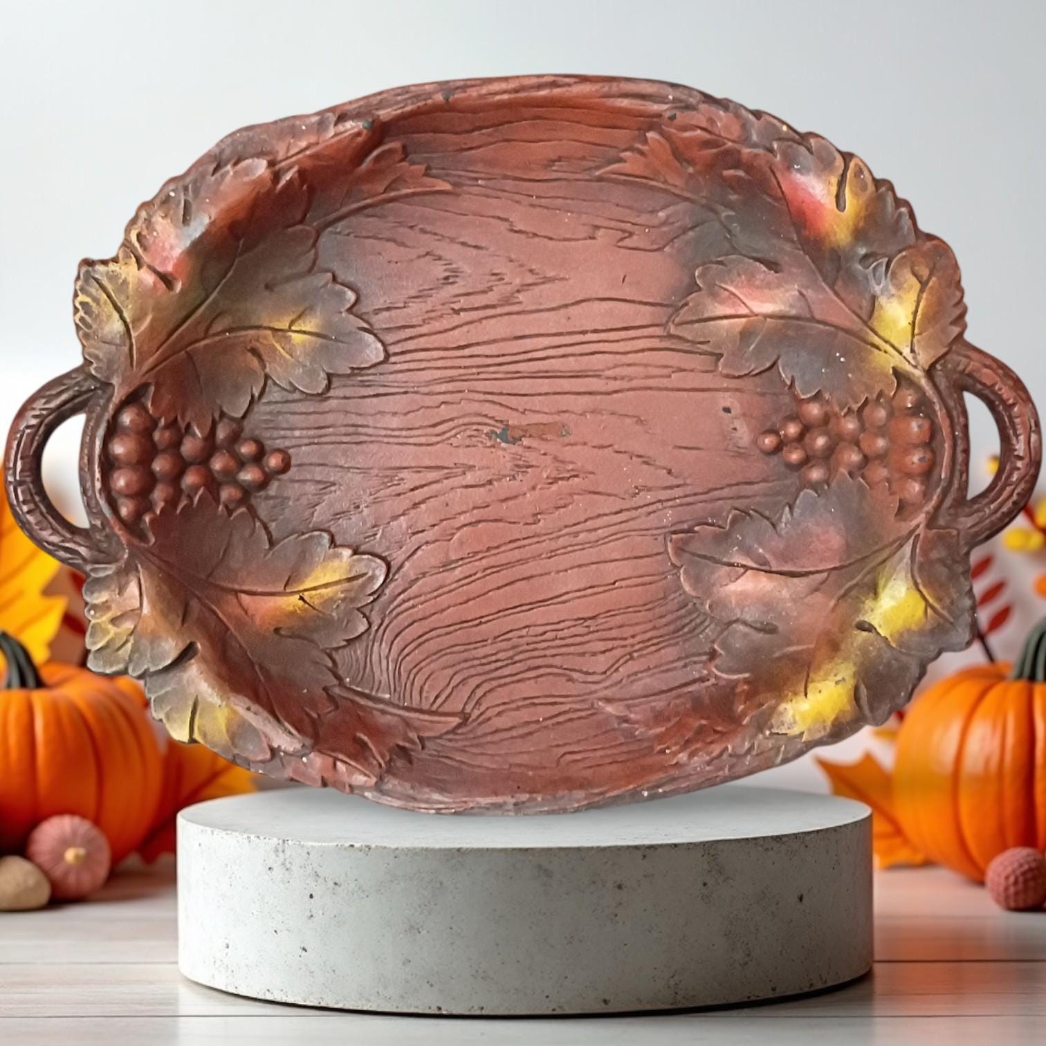 faux wood resin serving tray with handles – grapevine & leaf design
