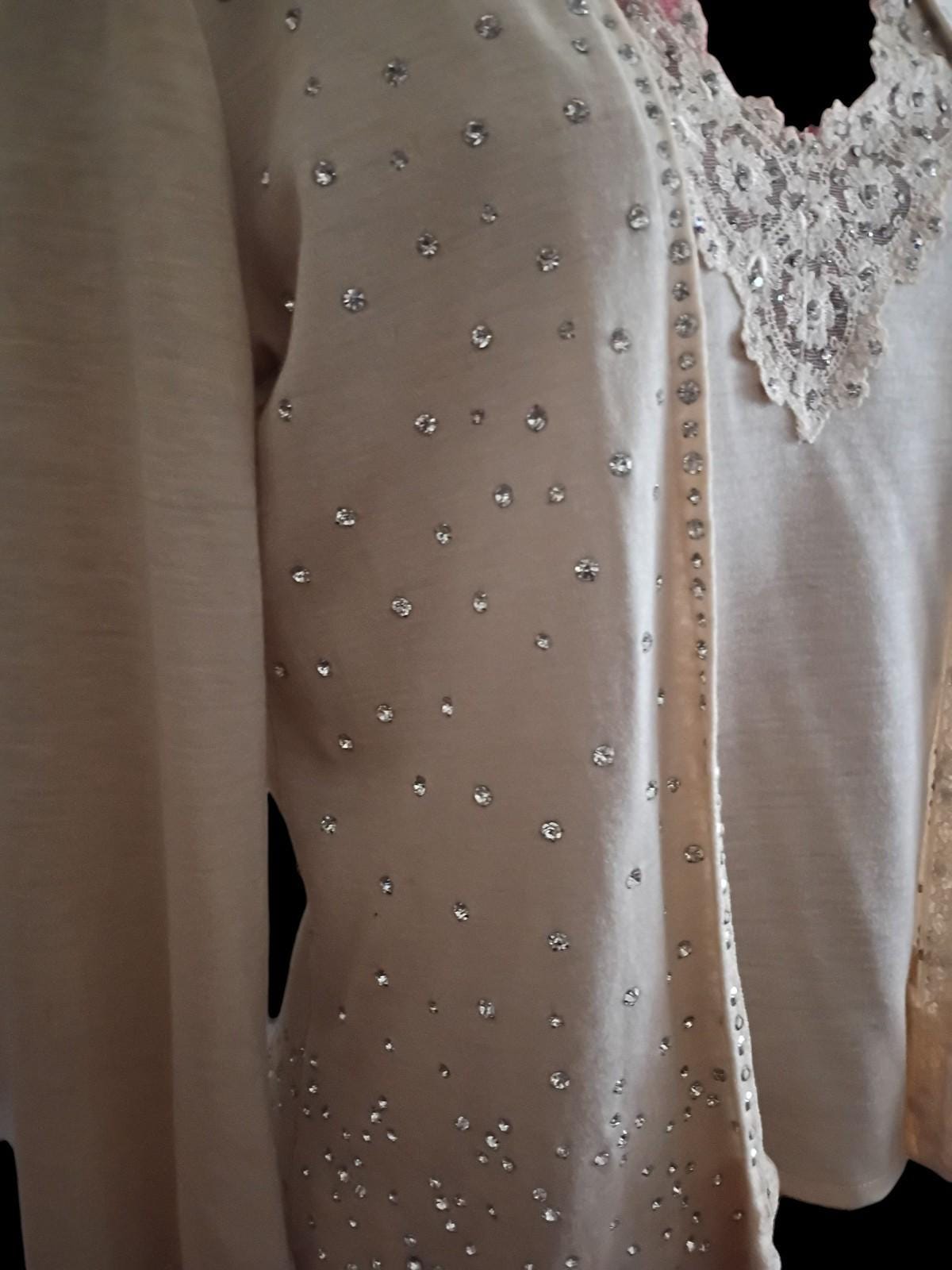 Beige two-piece set rhinestone cardigan sweater & embellished tank top size...