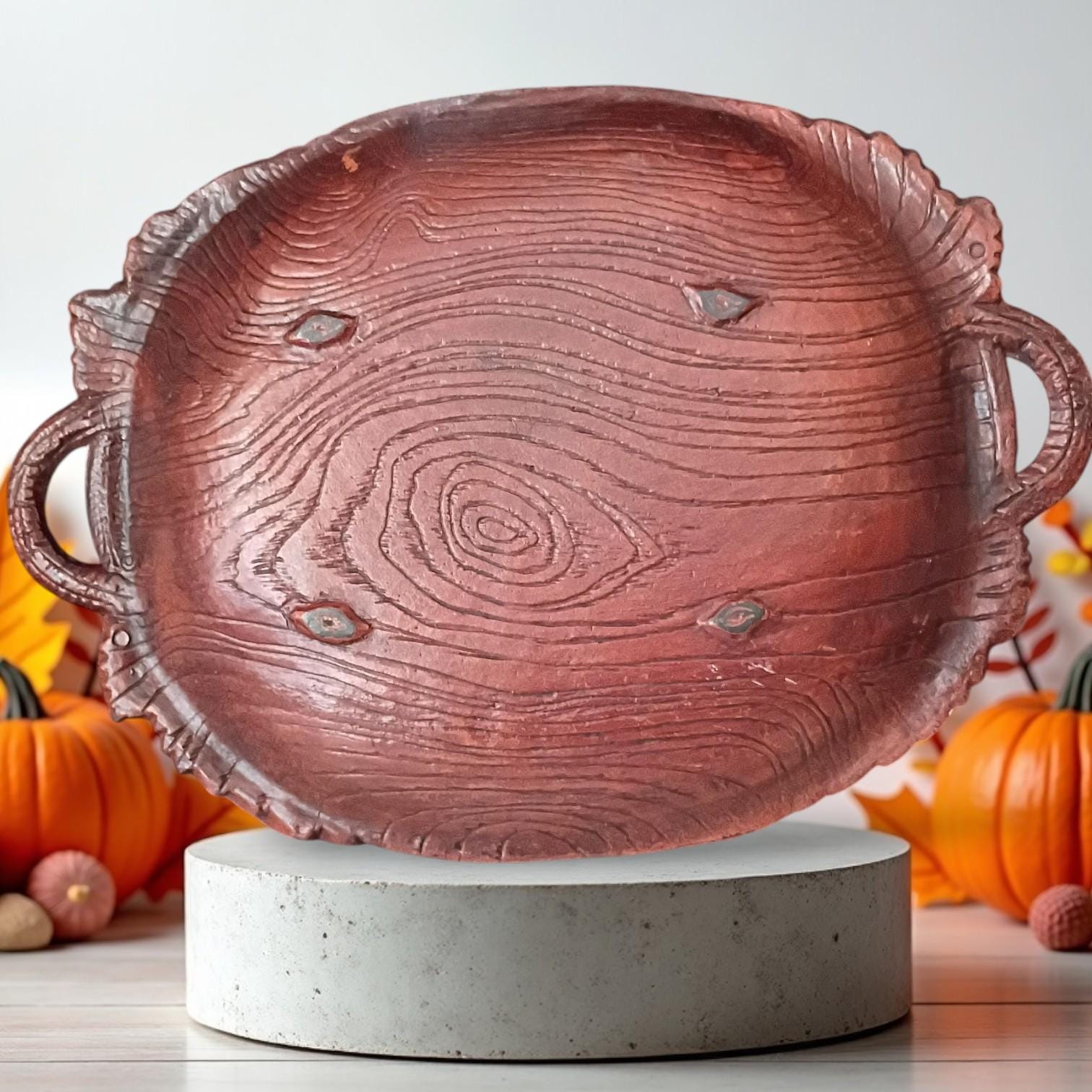 faux wood resin serving tray with handles – grapevine & leaf design