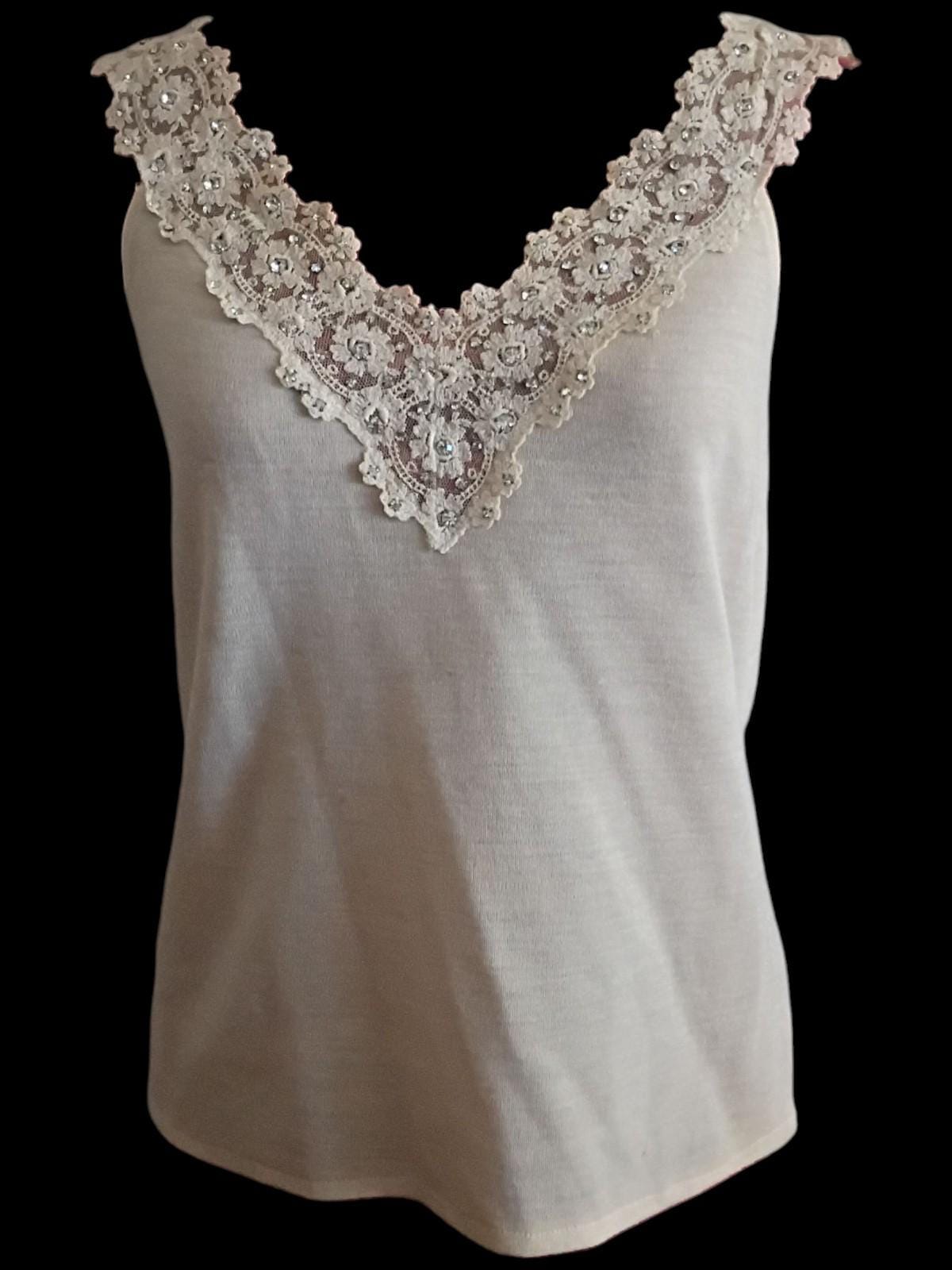 Beige two-piece set rhinestone cardigan sweater & embellished tank top size...