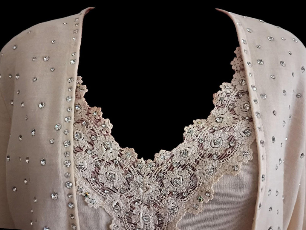 Beige two-piece set rhinestone cardigan sweater & embellished tank top size...