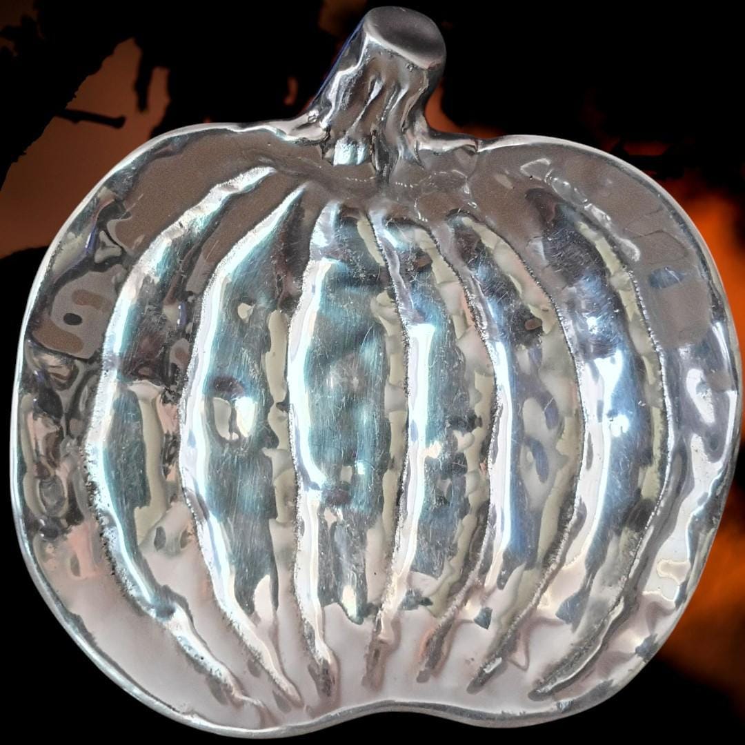 Holland boone pewter pumpkin dish bowl 7"x6.5" polished metal tray halloween...