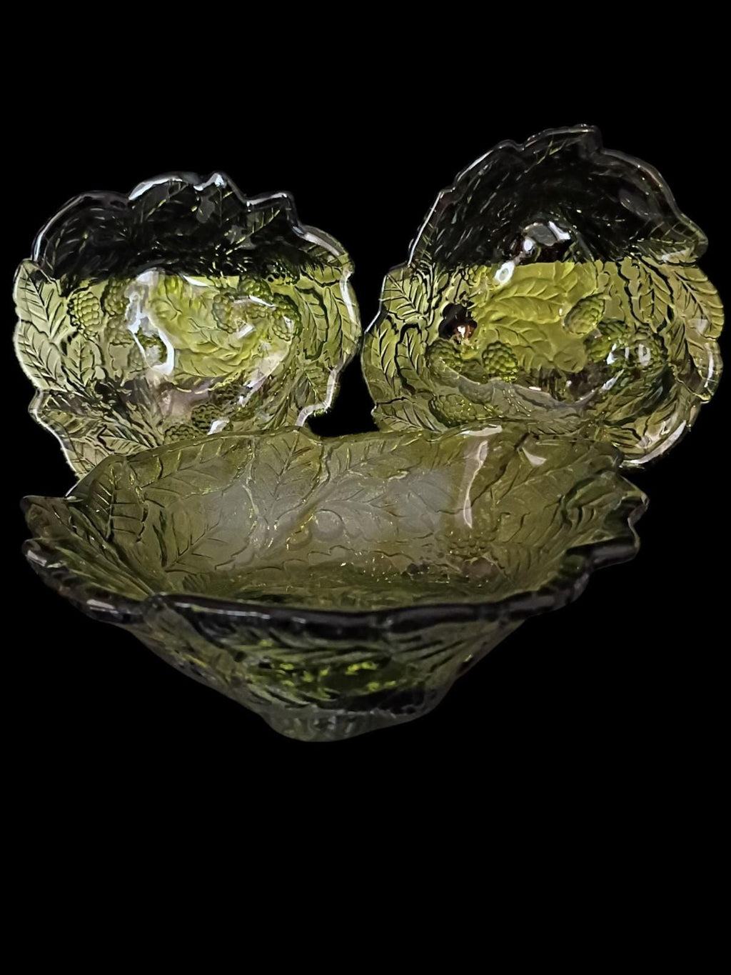 Green pressed glass berry bowls set of 3 – embossed leaf & berry pattern,...
