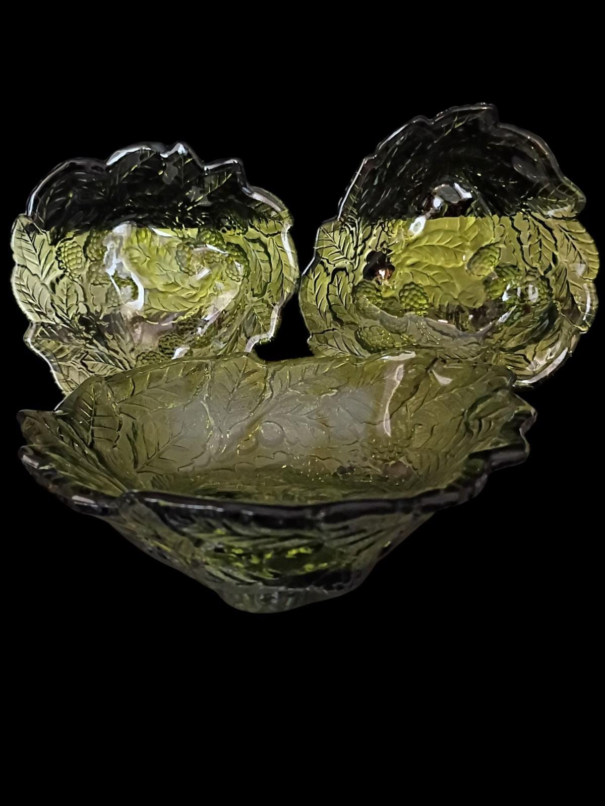 Green pressed glass berry bowls set of 3 – embossed leaf & berry pattern,...