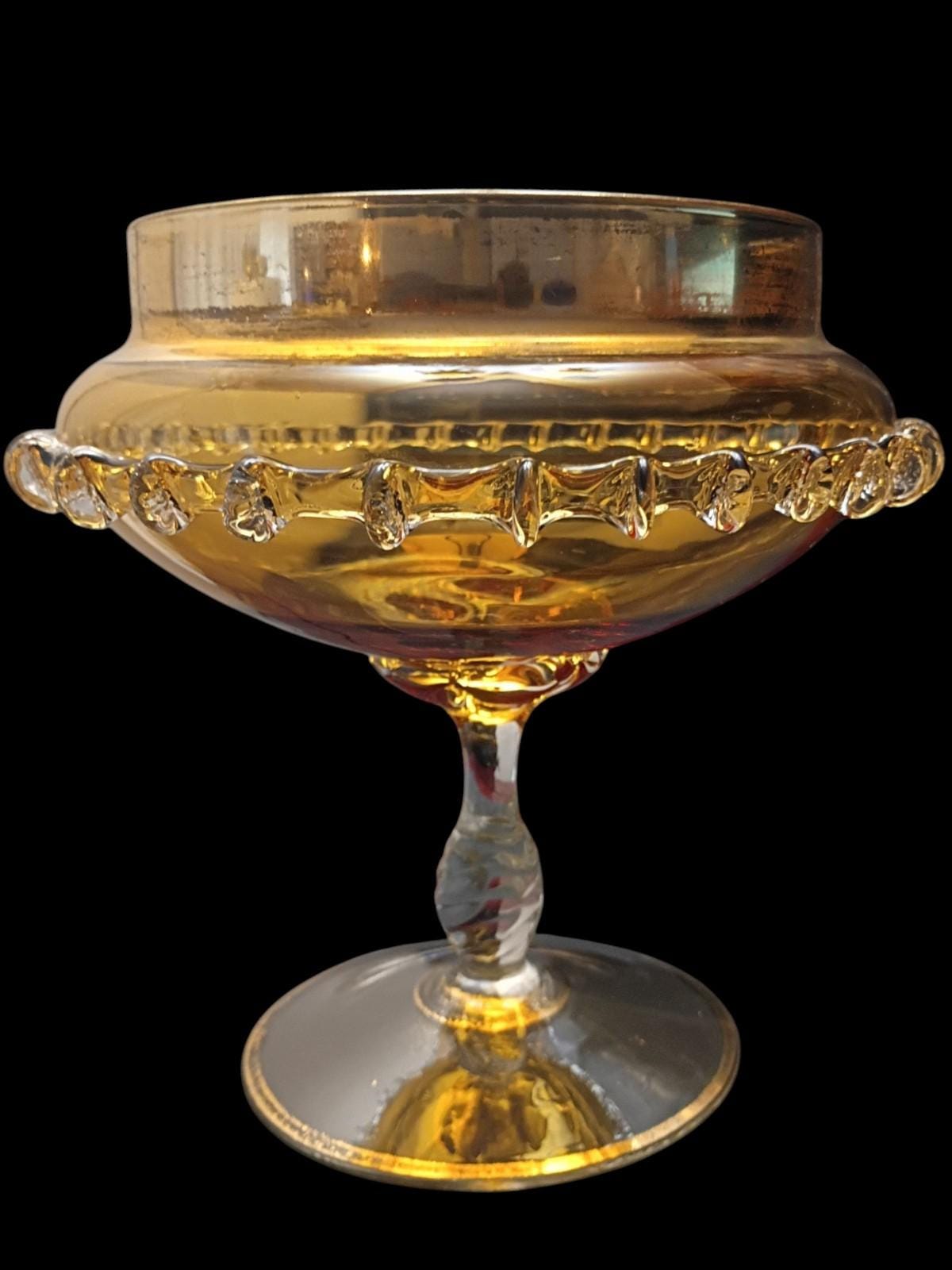 Amber glass pedestal compote bowl with crystal droplet trim 8" tall elegant...