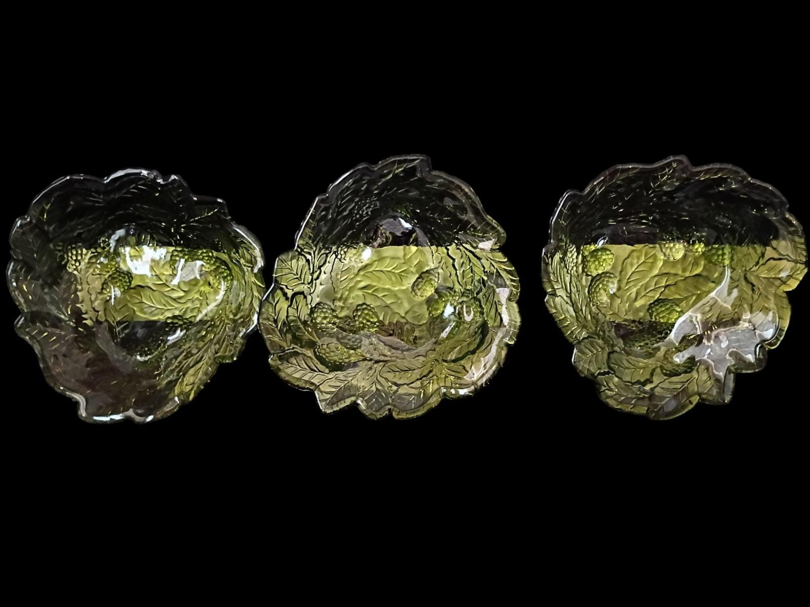 Green pressed glass berry bowls set of 3 – embossed leaf & berry pattern,...