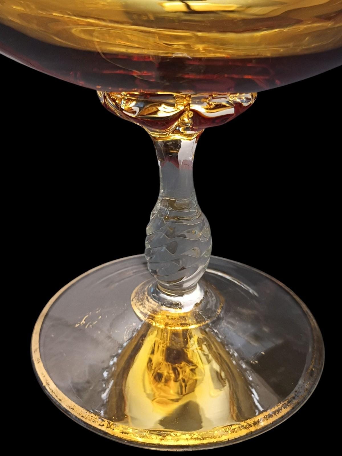 Amber glass pedestal compote bowl with crystal droplet trim 8" tall elegant...