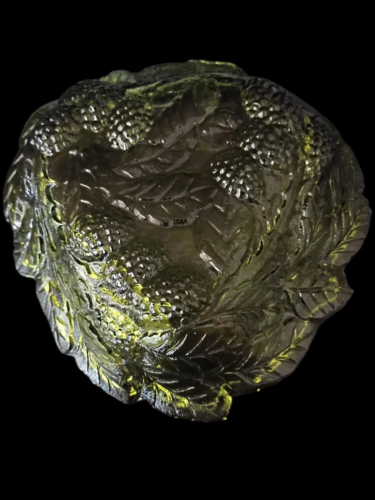 Green pressed glass berry bowls set of 3 – embossed leaf & berry pattern,...