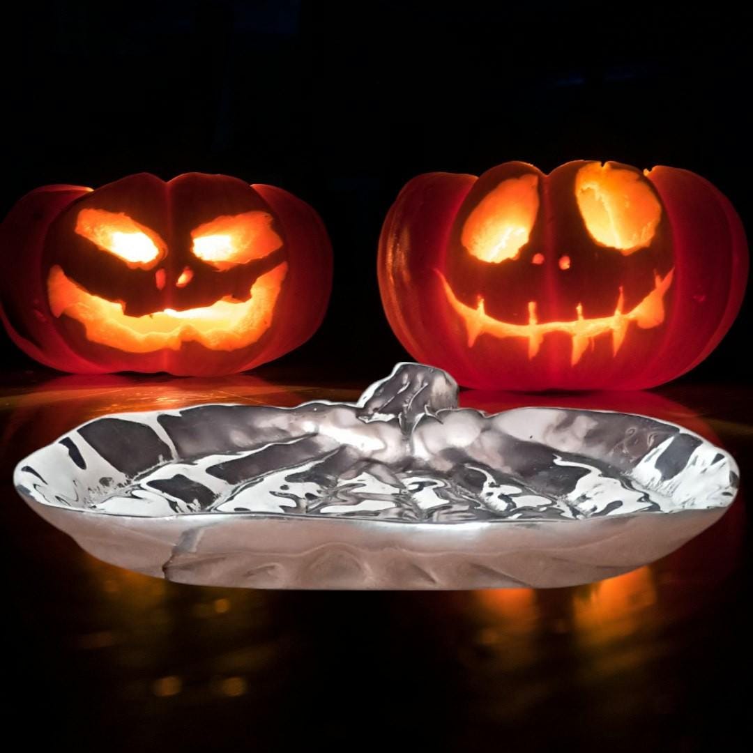 Holland boone pewter pumpkin dish bowl 7"x6.5" polished metal tray halloween...