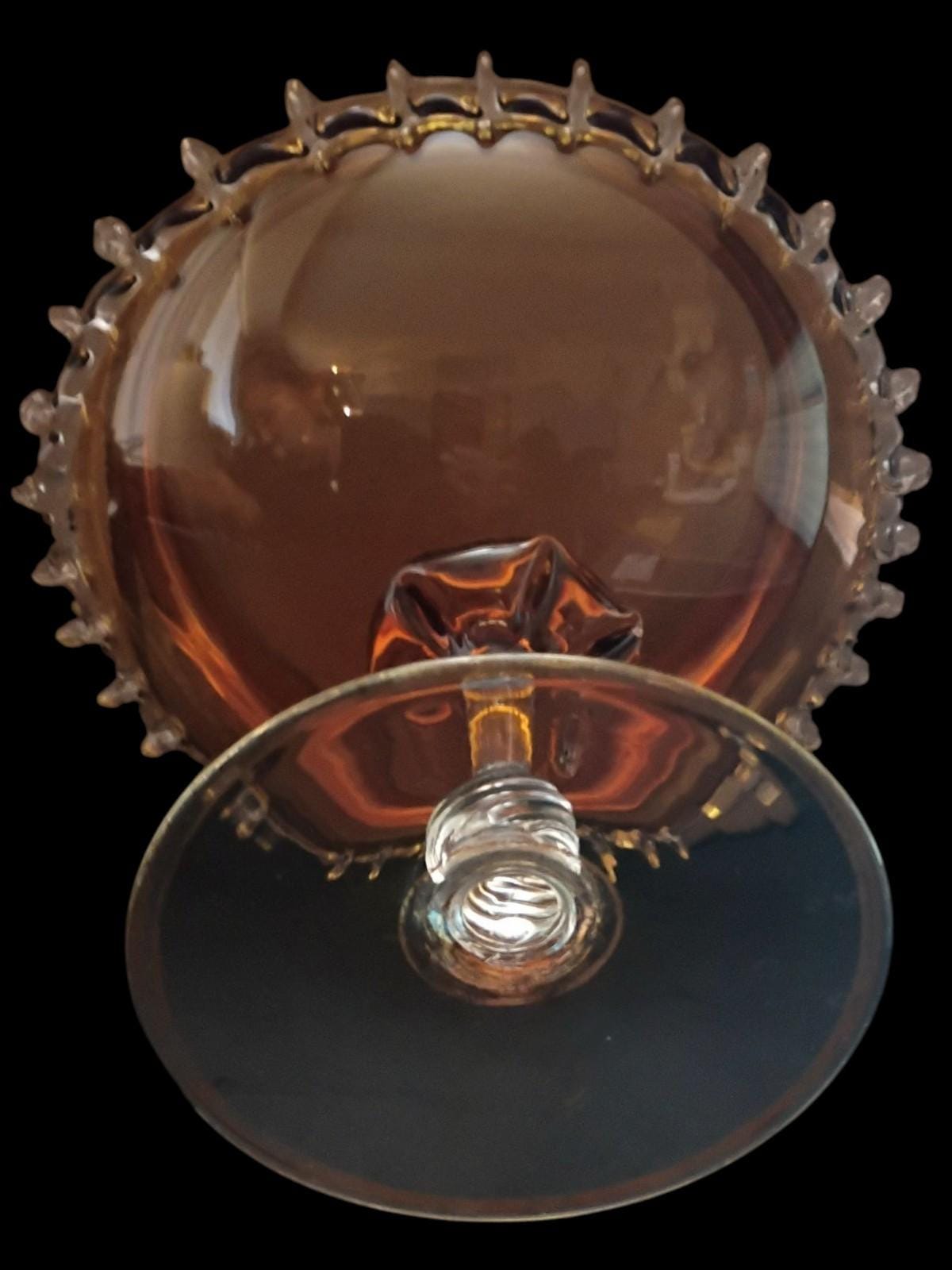 Amber glass pedestal compote bowl with crystal droplet trim 8" tall elegant...