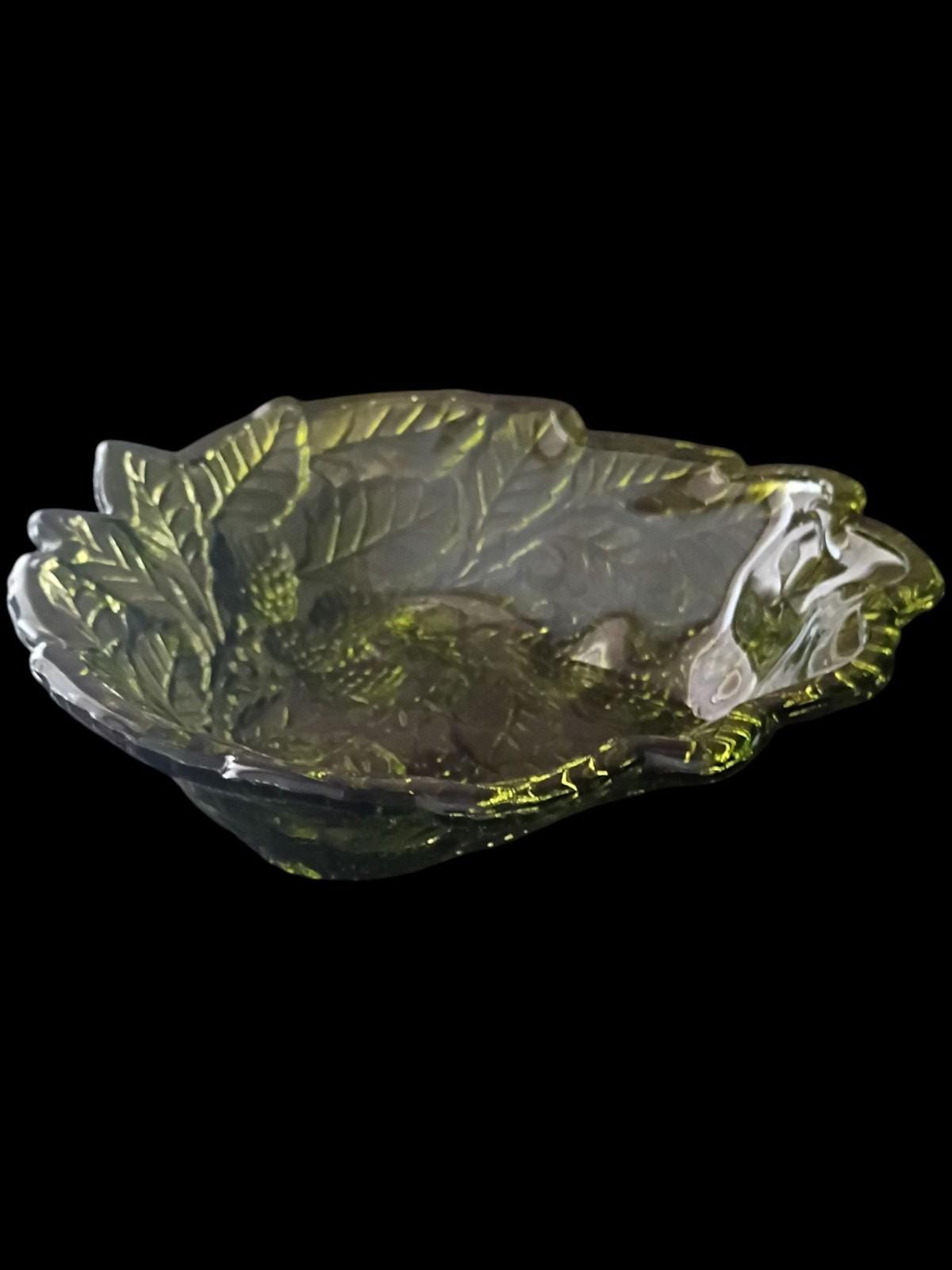 Green pressed glass berry bowls set of 3 – embossed leaf & berry pattern,...