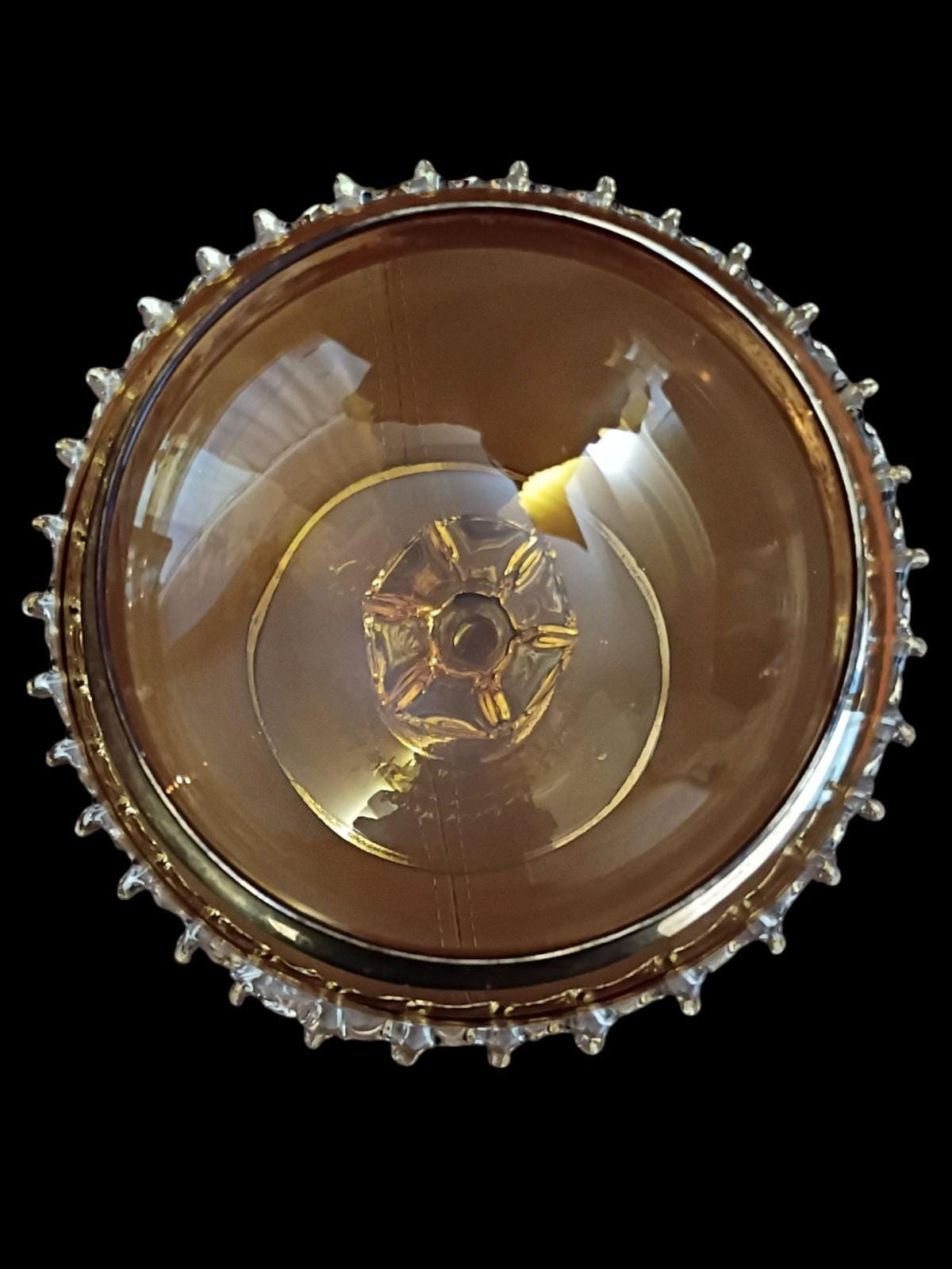 Amber glass pedestal compote bowl with crystal droplet trim 8" tall elegant...