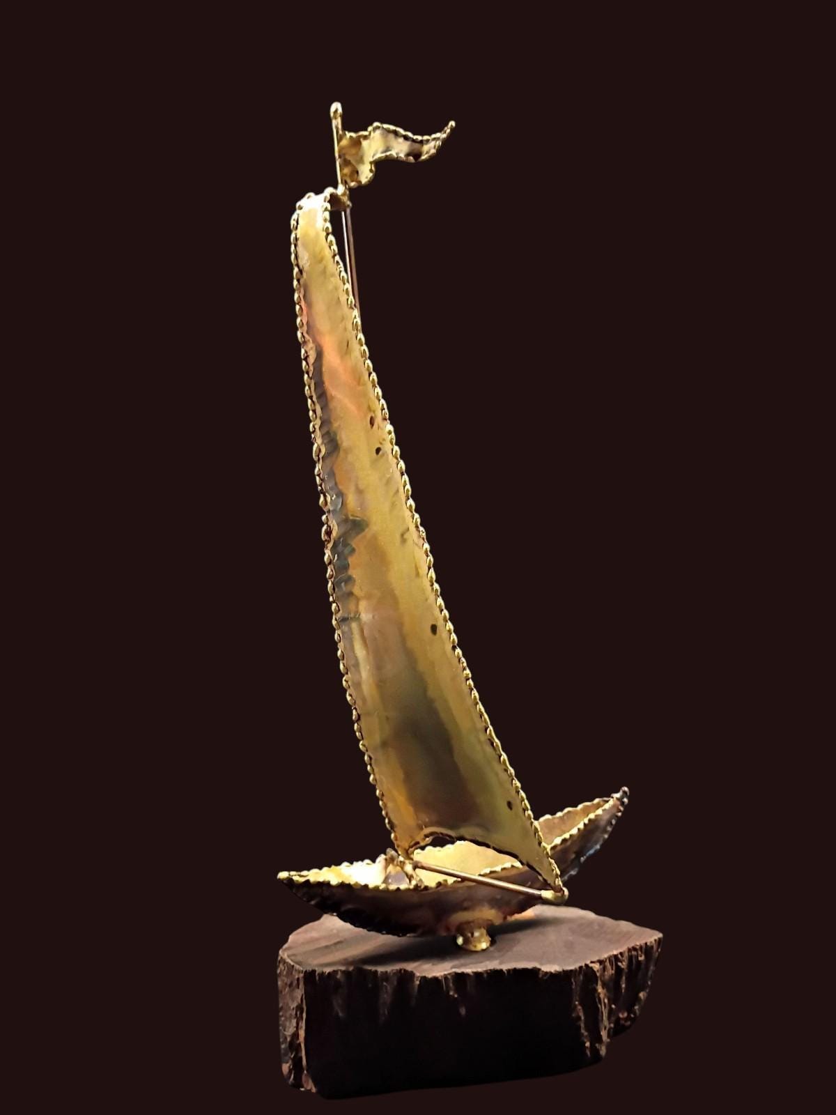 Brass sailboat sculpture on wood base – mid century modern nautical decor