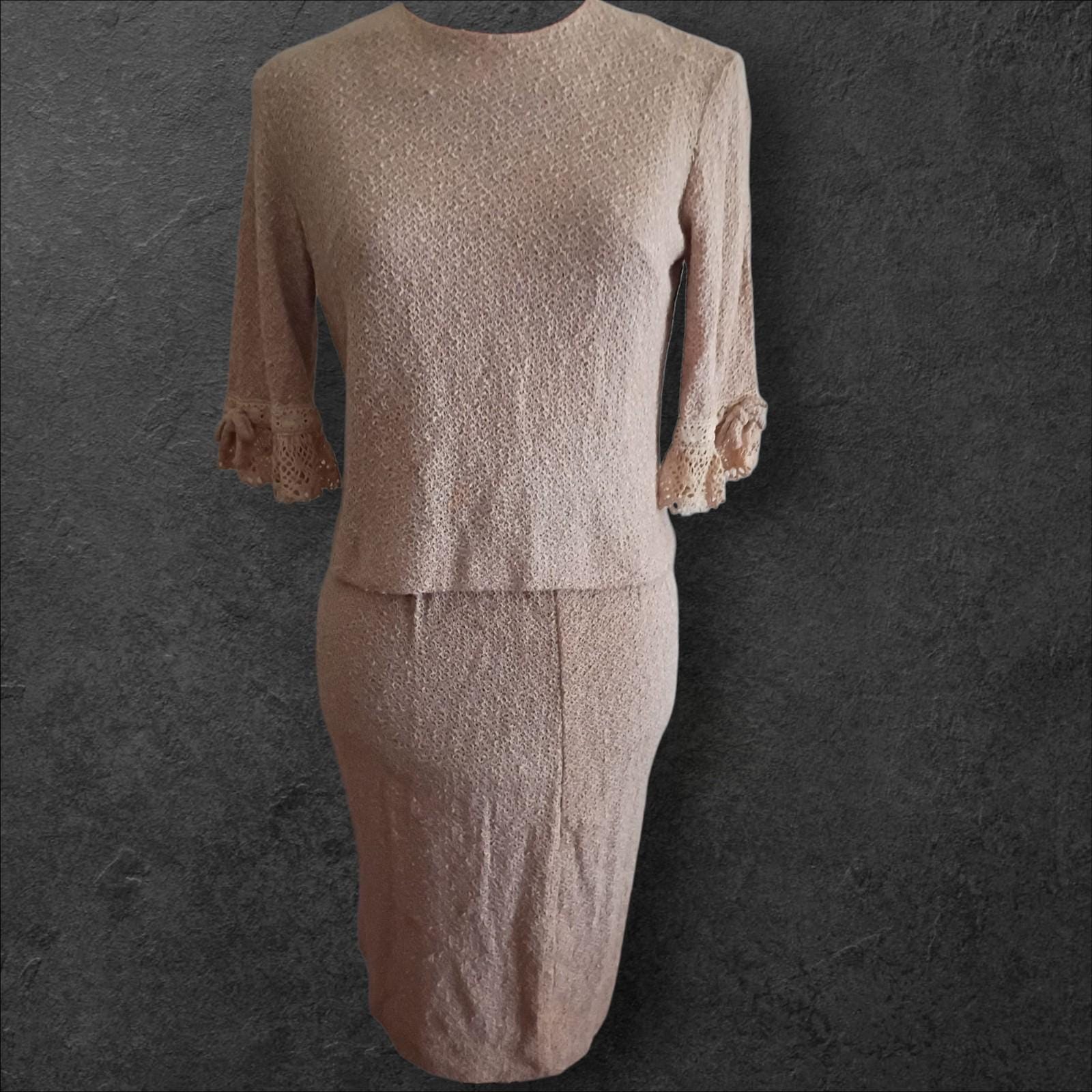 Beige 2-piece skirt suit set | crochet lace trim sleeves | classic button back |