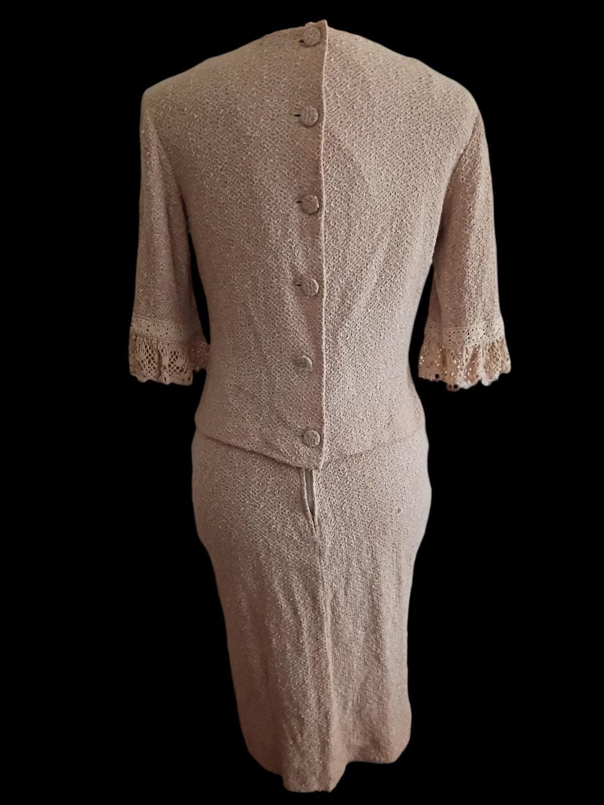 Beige 2-piece skirt suit set | crochet lace trim sleeves | classic button back |