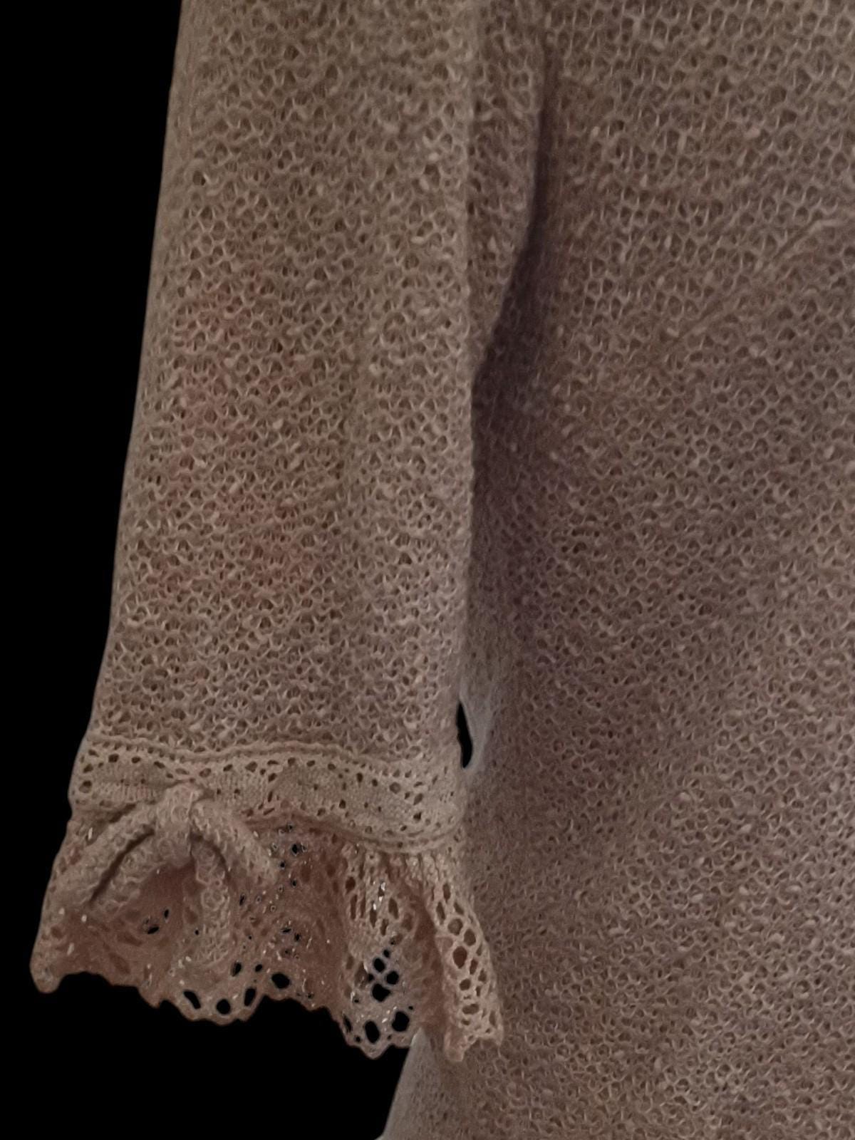 Beige 2-piece skirt suit set | crochet lace trim sleeves | classic button back |