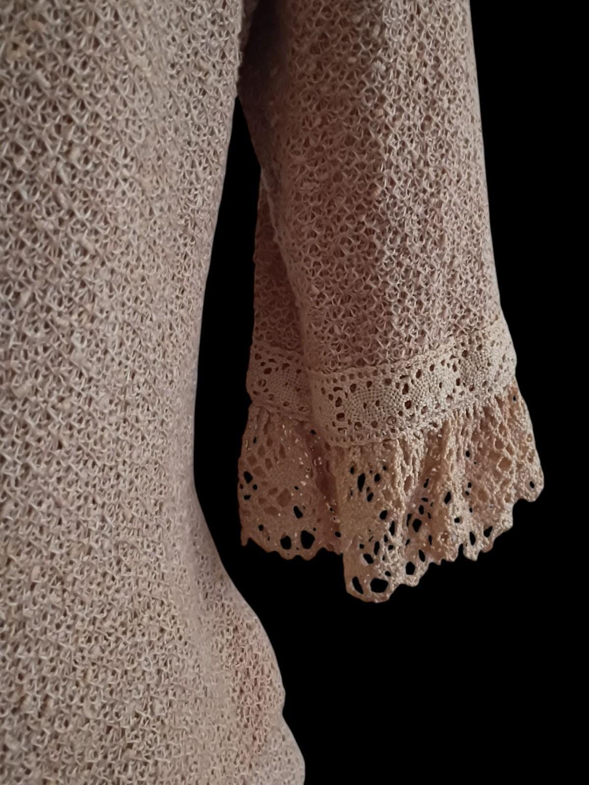 Beige 2-piece skirt suit set | crochet lace trim sleeves | classic button back |