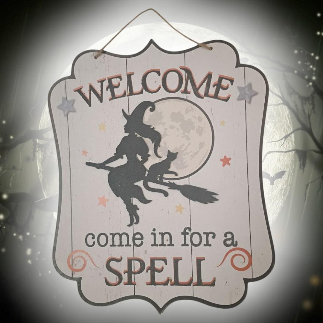 Charming halloween welcome sign - "come in for a spell" - witch & cat decor -...