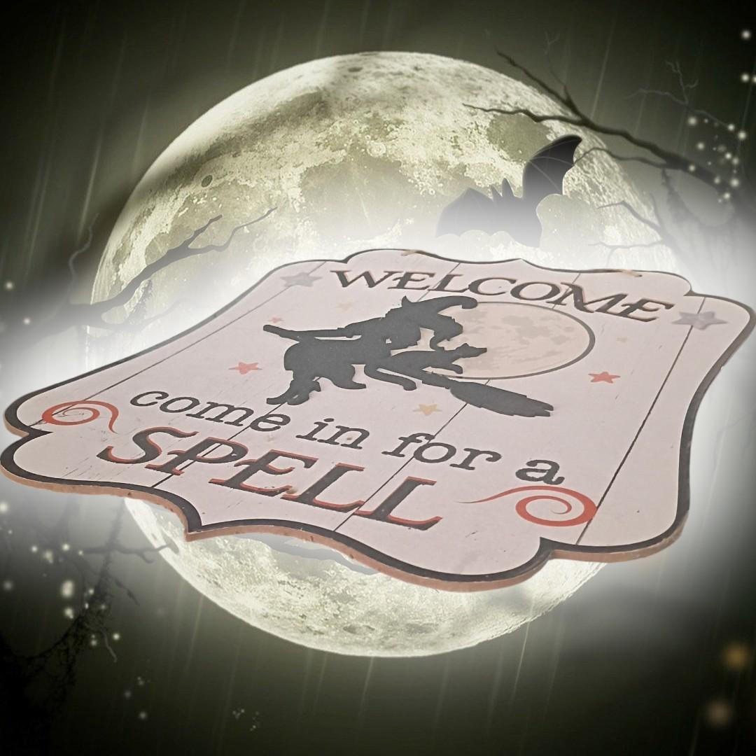 Charming halloween welcome sign - "come in for a spell" - witch & cat decor -...