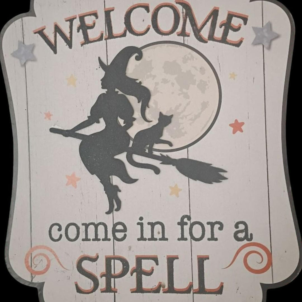 Charming halloween welcome sign - "come in for a spell" - witch & cat decor -...