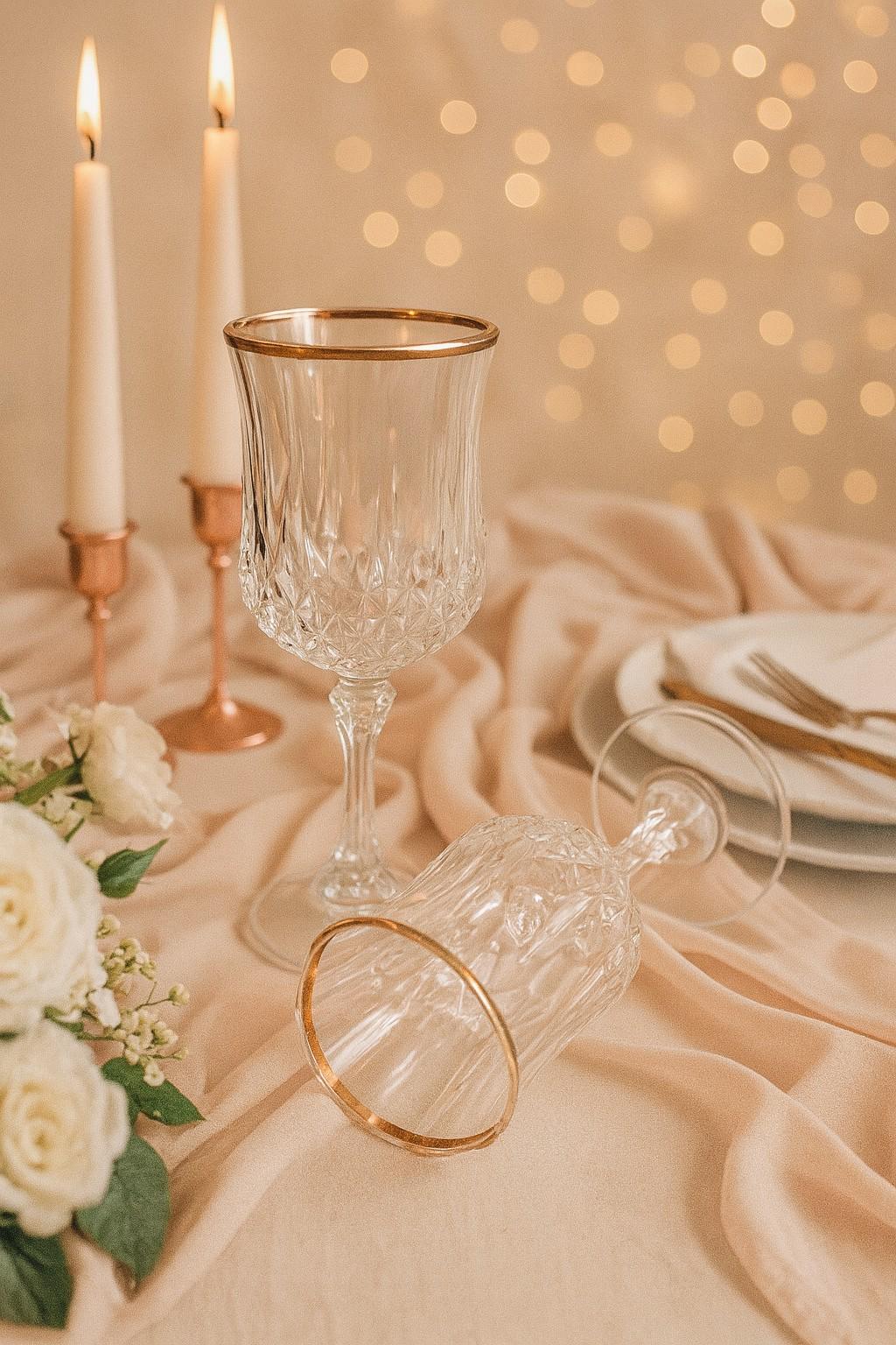 Set of 2 vintage crystal wine glasses gold rim – 6.5” tall x 2.5” wide...