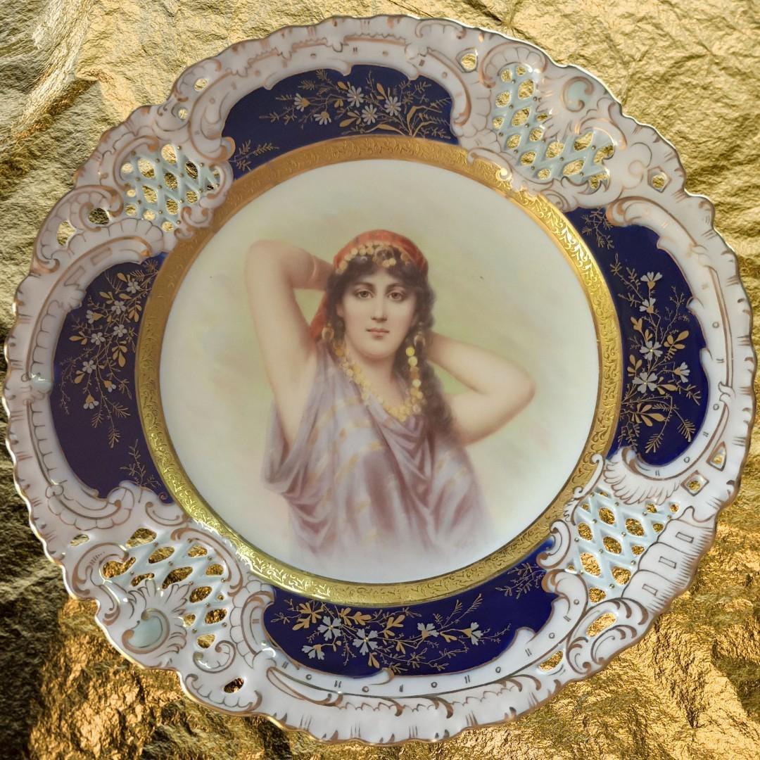 Antique german porcelain cabinet plate ~ hand-painted portrait of egyptian woman