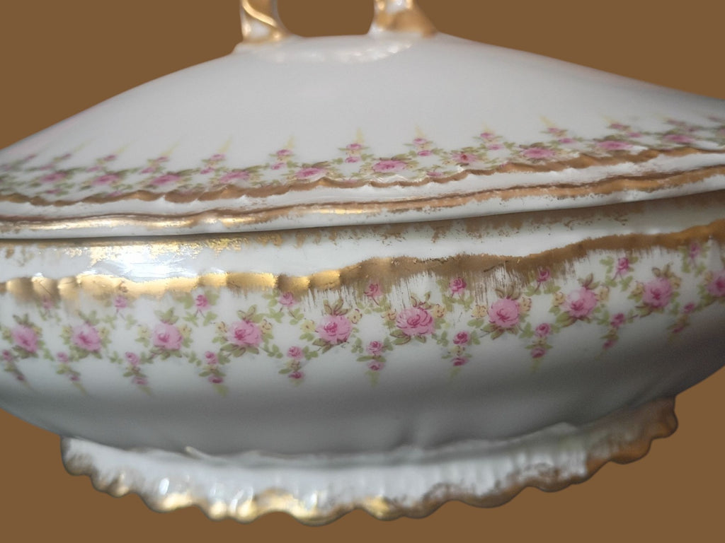 Antique T&V Limoges France Covered Oval Serving Dish – Hand Painted Roses &...