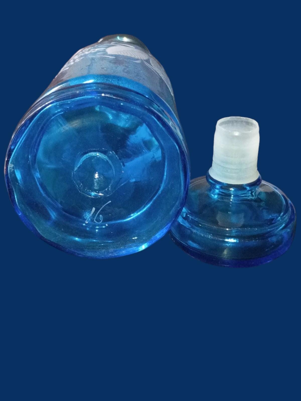 Blue glass decanter with stopper – etched leaf & berry design – 7” tall (8” with