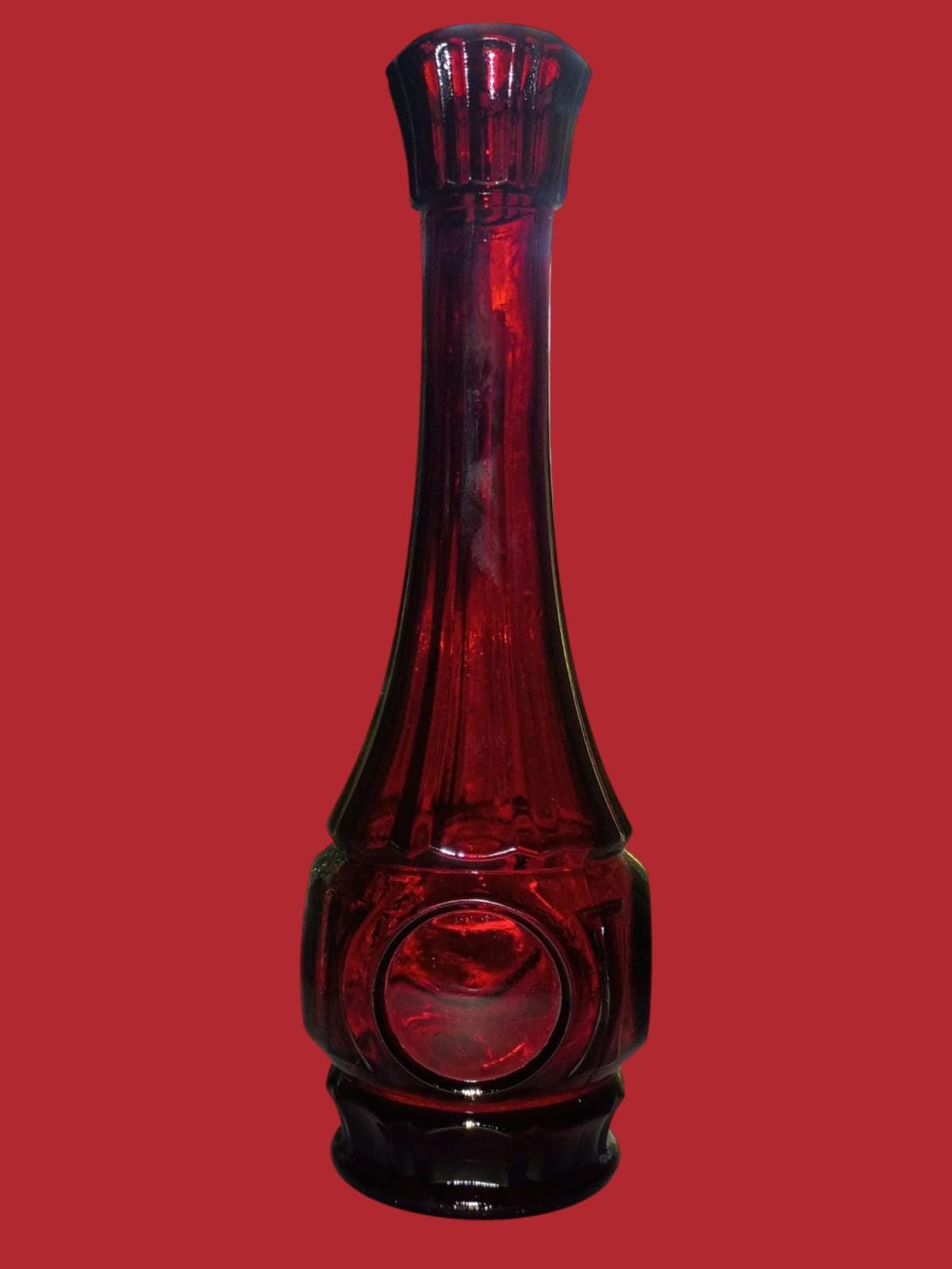 Ruby red pressed glass vase – 9.5” tall x 3.5” wide – mid-century decorative...