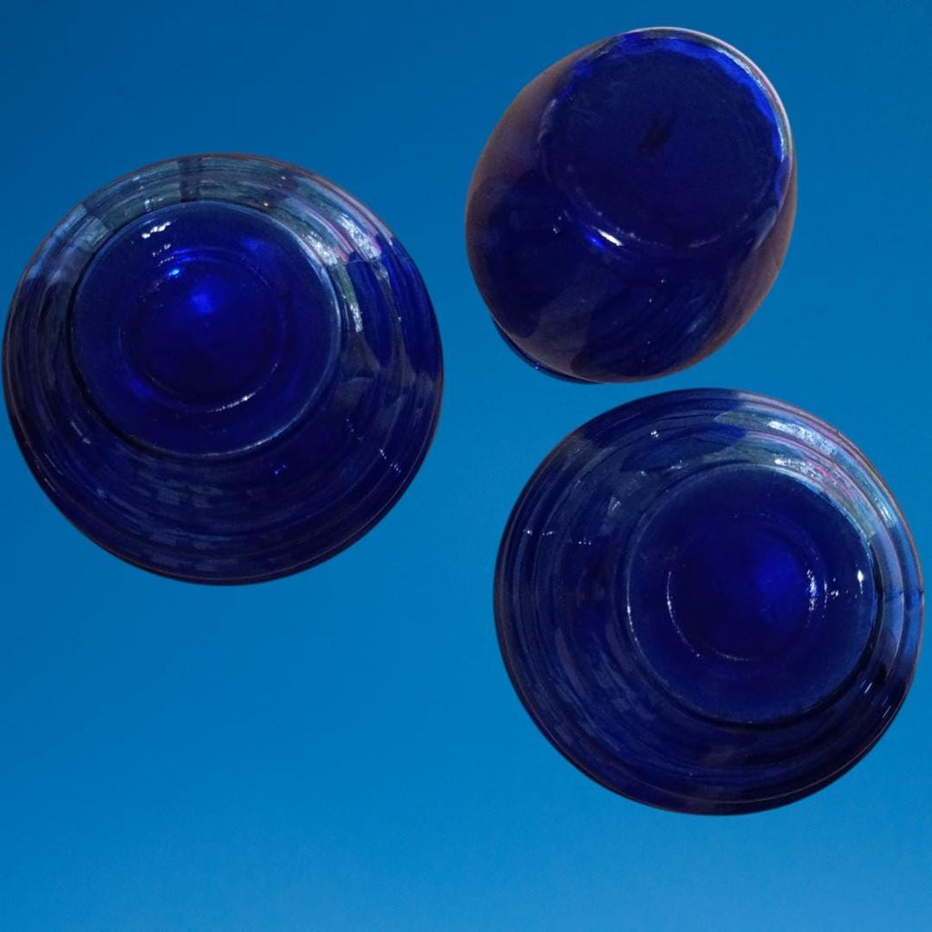 Lot of 3 vintage cobalt blue glass vases – ribbed & curved design –...