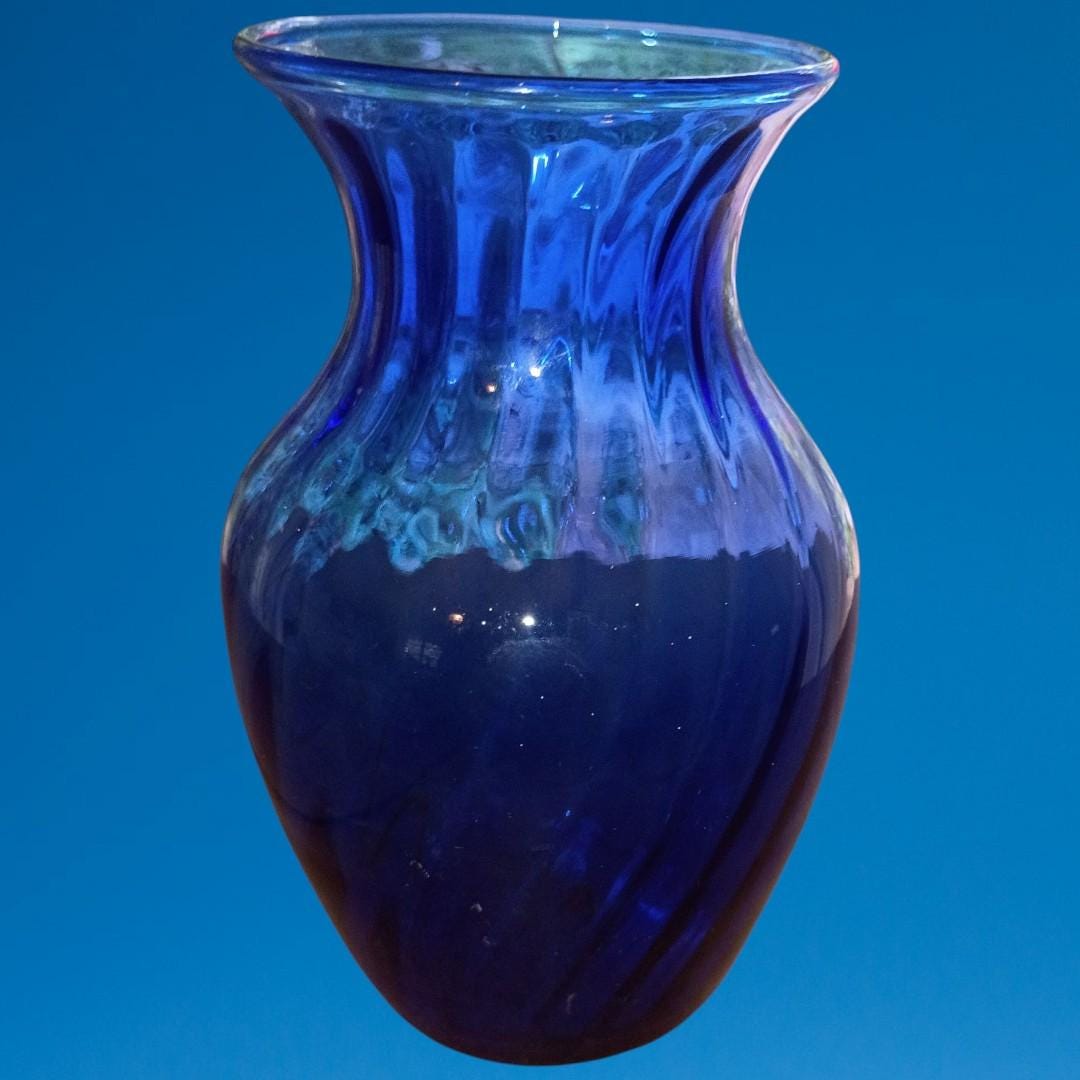 Lot of 3 vintage cobalt blue glass vases – ribbed & curved design –...