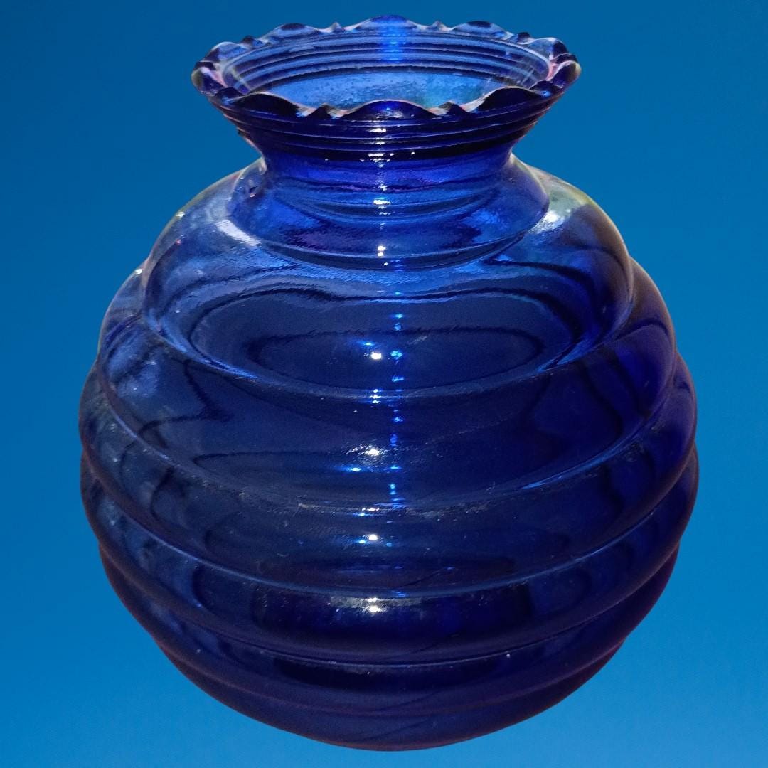 Lot of 3 vintage cobalt blue glass vases – ribbed & curved design –...