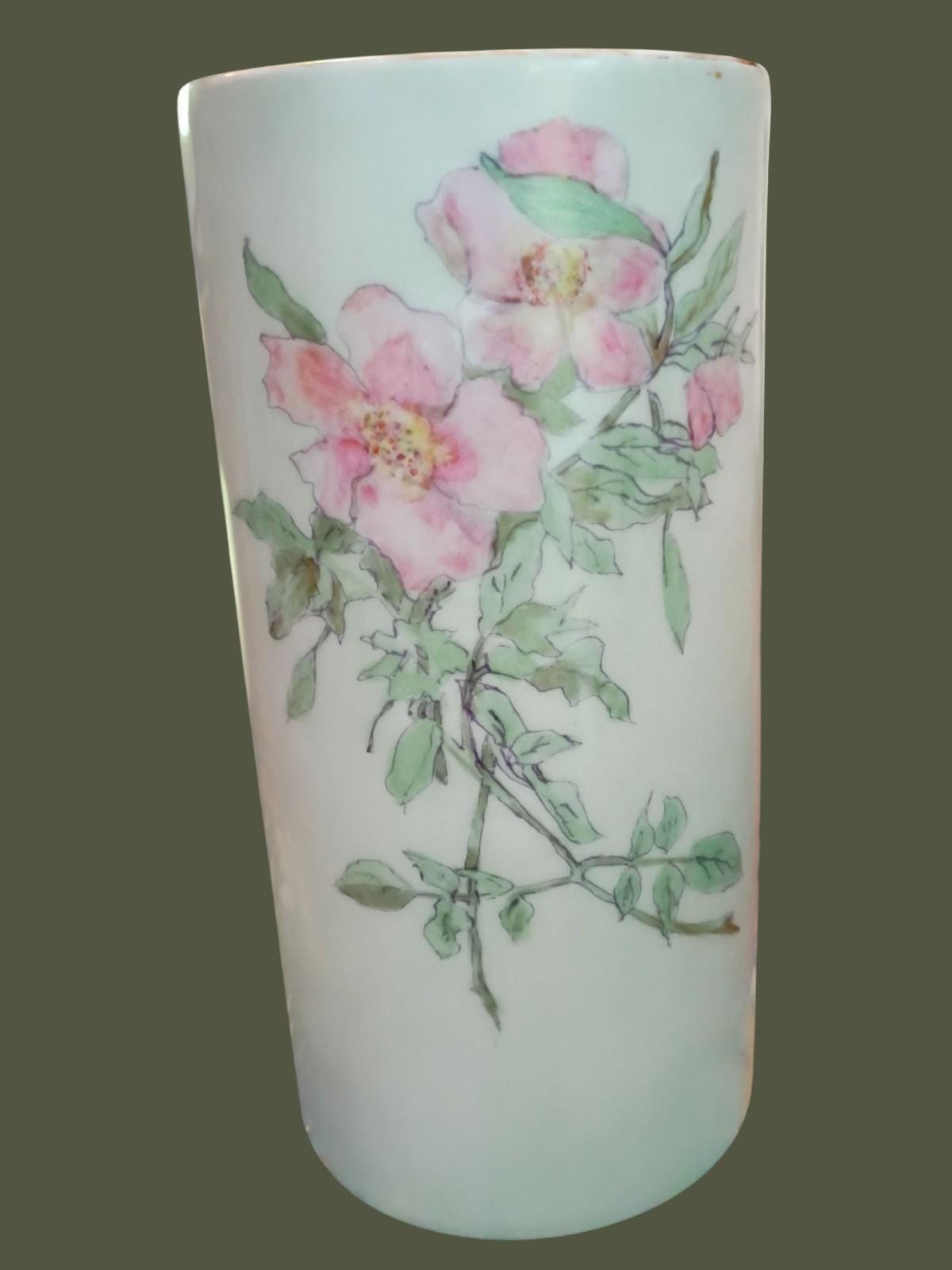 Antique rosenthal selb bavaria porcelain vase – hand painted pink wild roses...