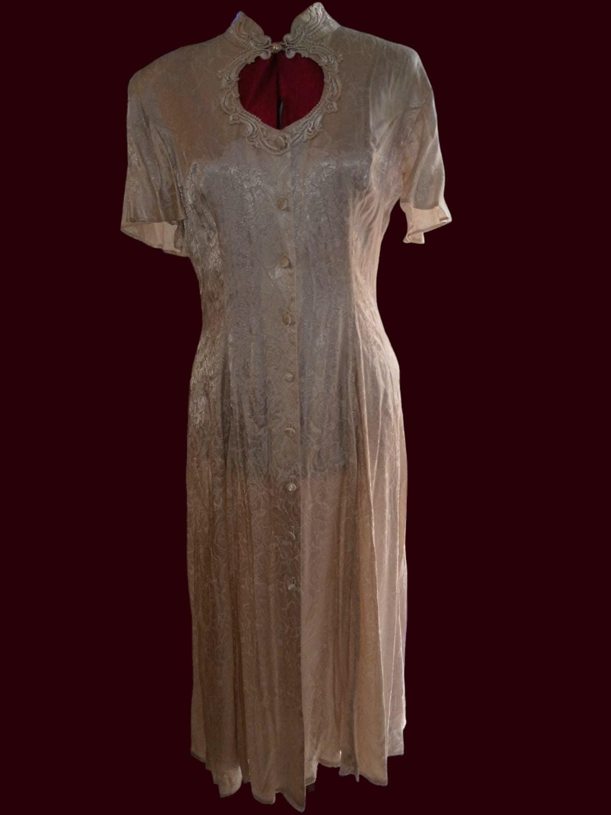 Benson & smith ivory satin brocade dress – short sleeve, lace keyhole neckline,