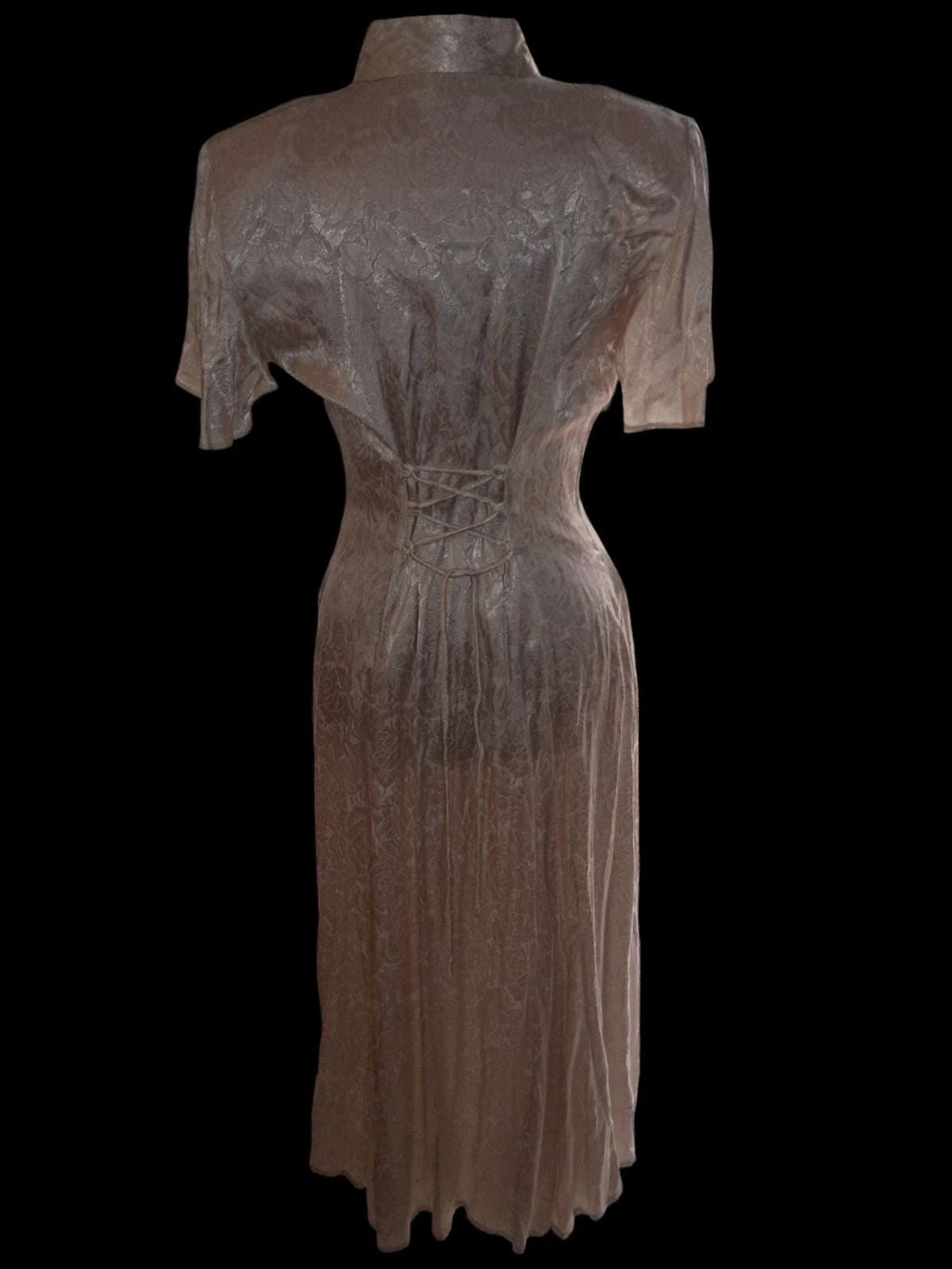 Benson & smith ivory satin brocade dress – short sleeve, lace keyhole neckline,