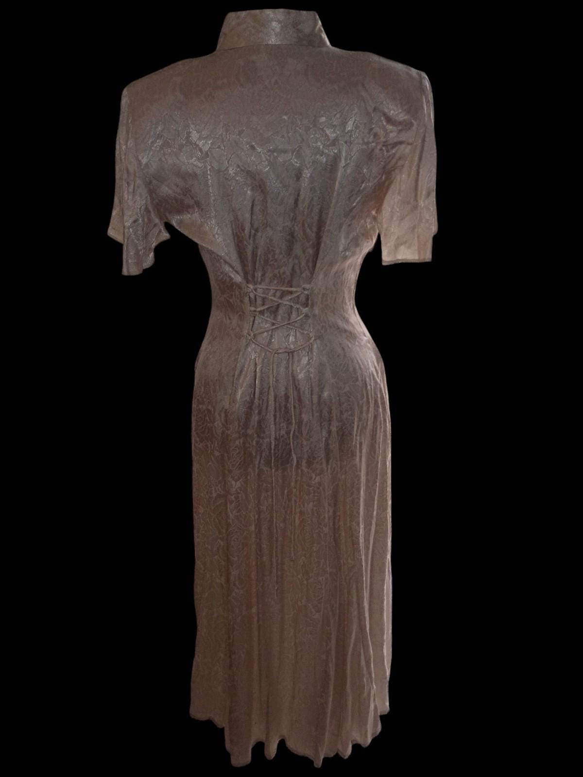 Benson & smith ivory satin brocade dress – short sleeve, lace keyhole neckline,
