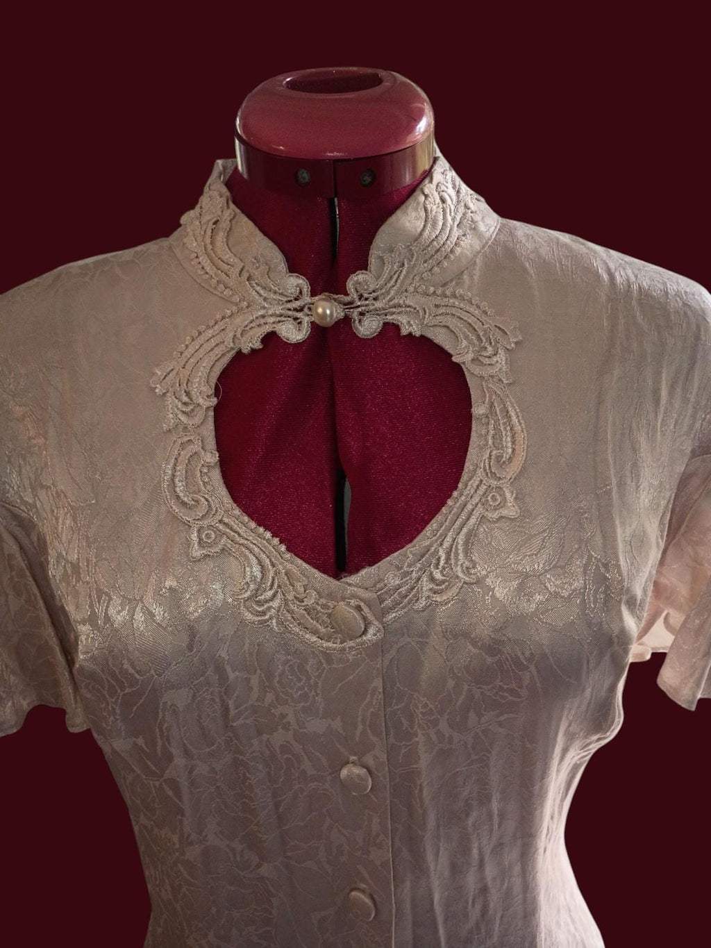 Benson & smith ivory satin brocade dress – short sleeve, lace keyhole neckline,