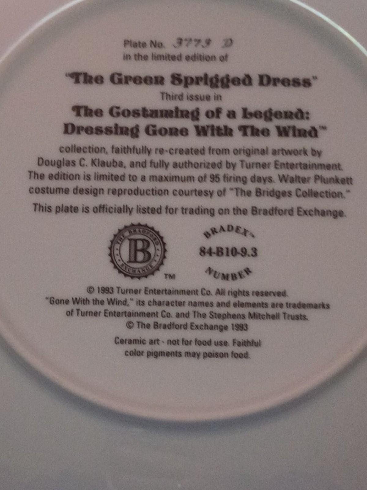 Gone with the wind collector plate – “the green sprigged dress” 1993 bradford...