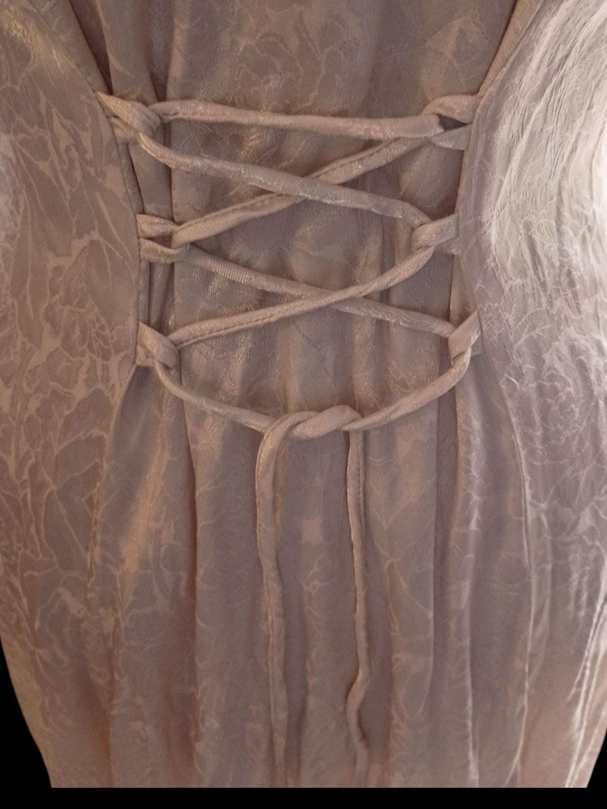 Benson & smith ivory satin brocade dress – short sleeve, lace keyhole neckline,