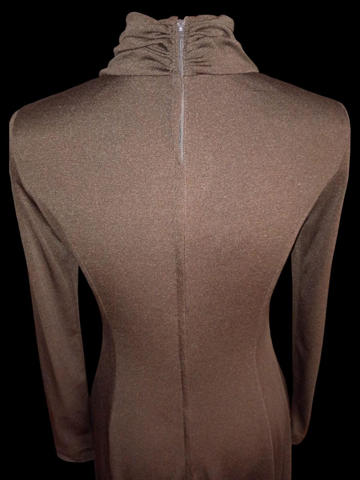 Miss elliette california brown metallic knit dress long sleeve turtleneck 70s