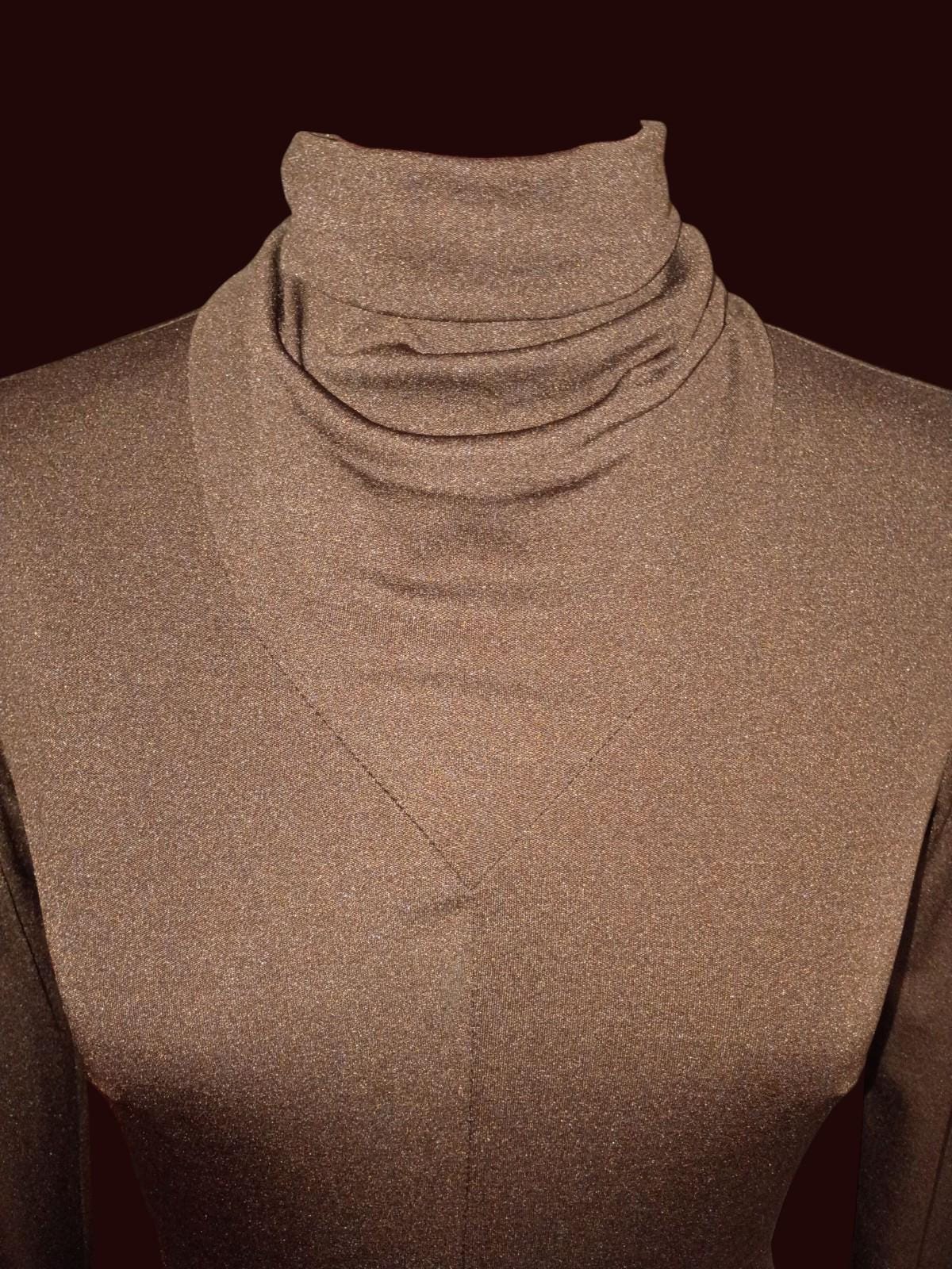 Miss elliette california brown metallic knit dress long sleeve turtleneck 70s